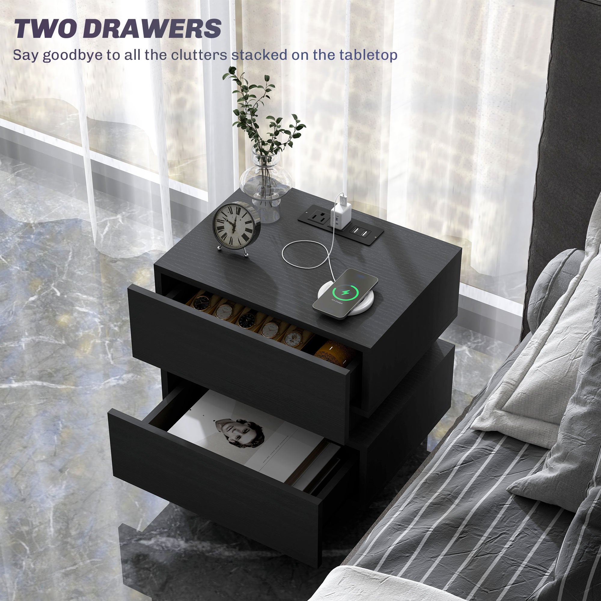HOMCOM Nightstand with Charging Station and LED Light, Bedside Table with USB Ports and AC Outlets, Side Table with Storage and Remote for Bedroom, Black
