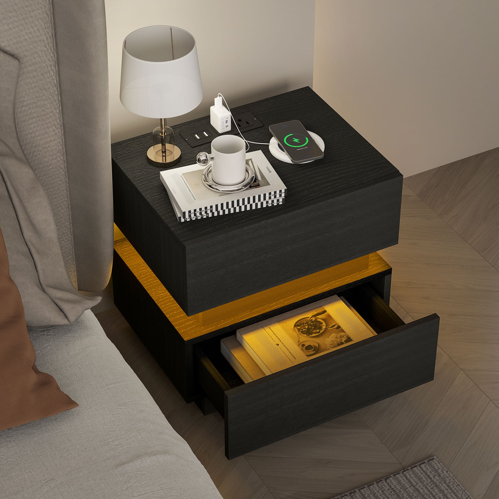 HOMCOM Nightstand with Charging Station and LED Light, Bedside Table with USB Ports and AC Outlets, Side Table with Storage and Remote for Bedroom, Black