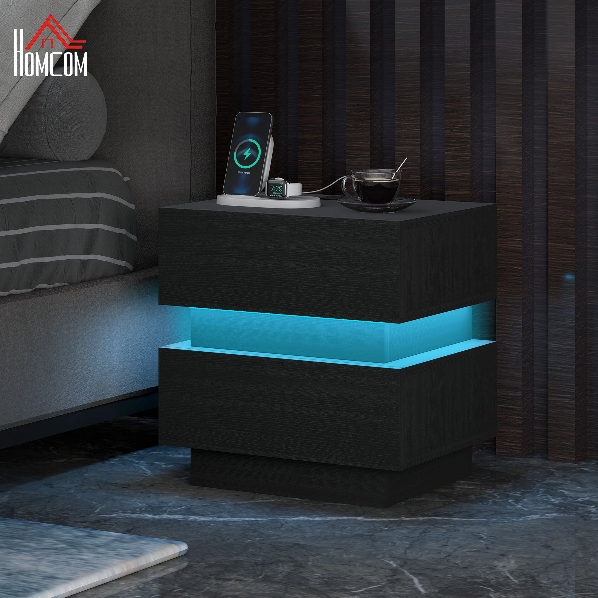HOMCOM Nightstand with Charging Station and LED Light, Bedside Table with USB Ports and AC Outlets, Side Table with Storage and Remote for Bedroom, Black