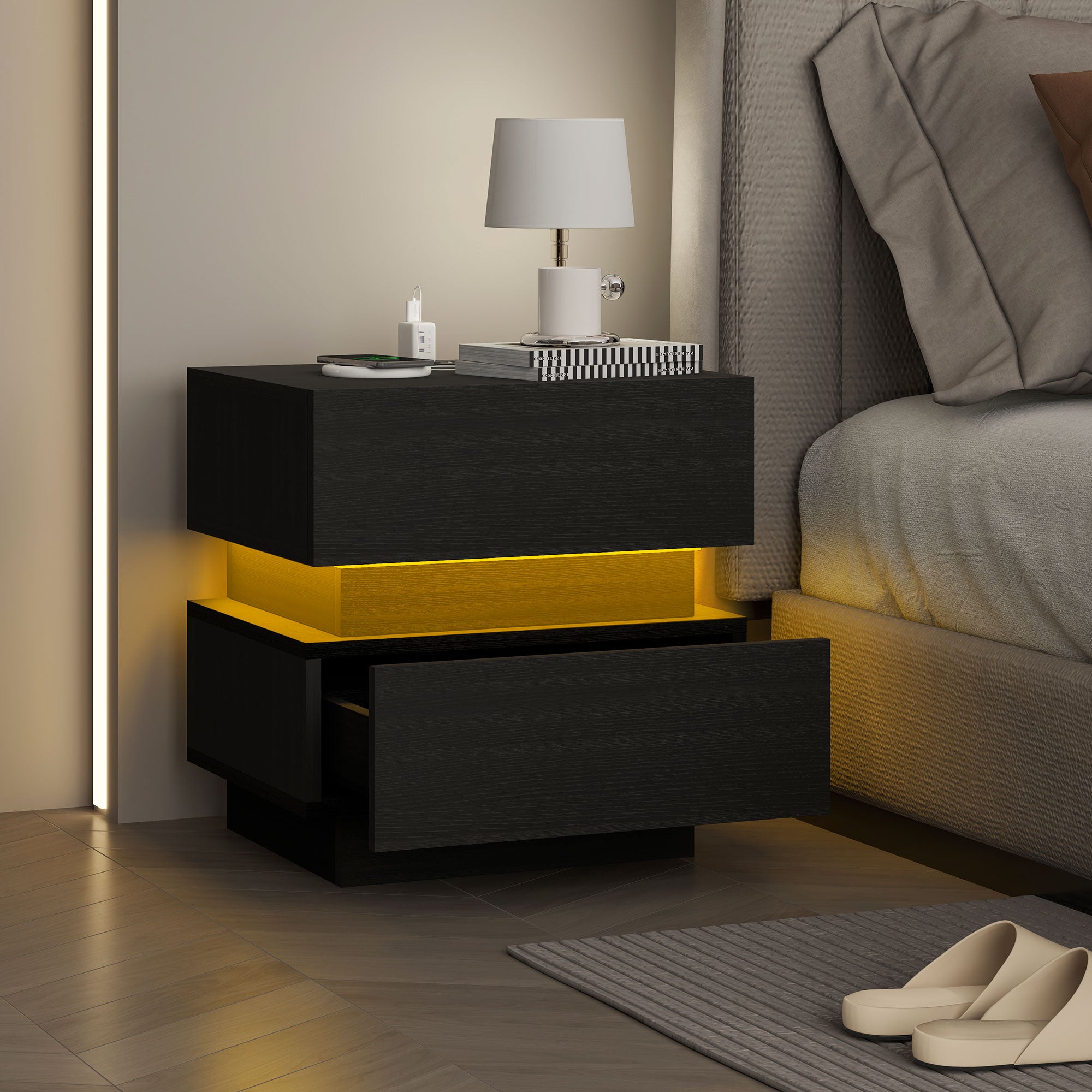 HOMCOM Nightstand with Charging Station and LED Light, Bedside Table with USB Ports and AC Outlets, Side Table with Storage and Remote for Bedroom, Black