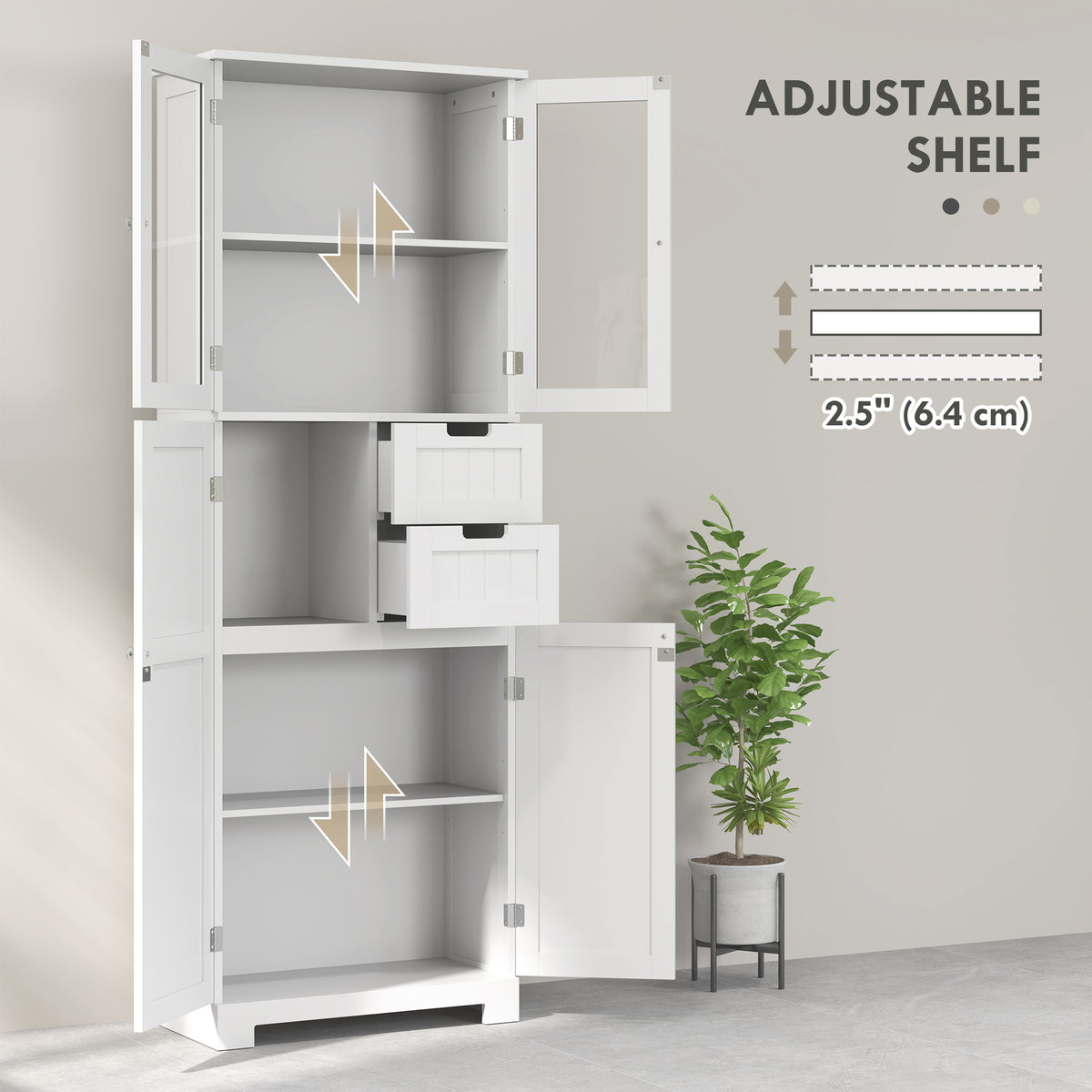 Tall Bathroom Cabinet, Modern Floor Bathroom Storage Cabinet with Glass Doors, Adjustable Shelves, Drawers, Freestanding Linen Tower, White