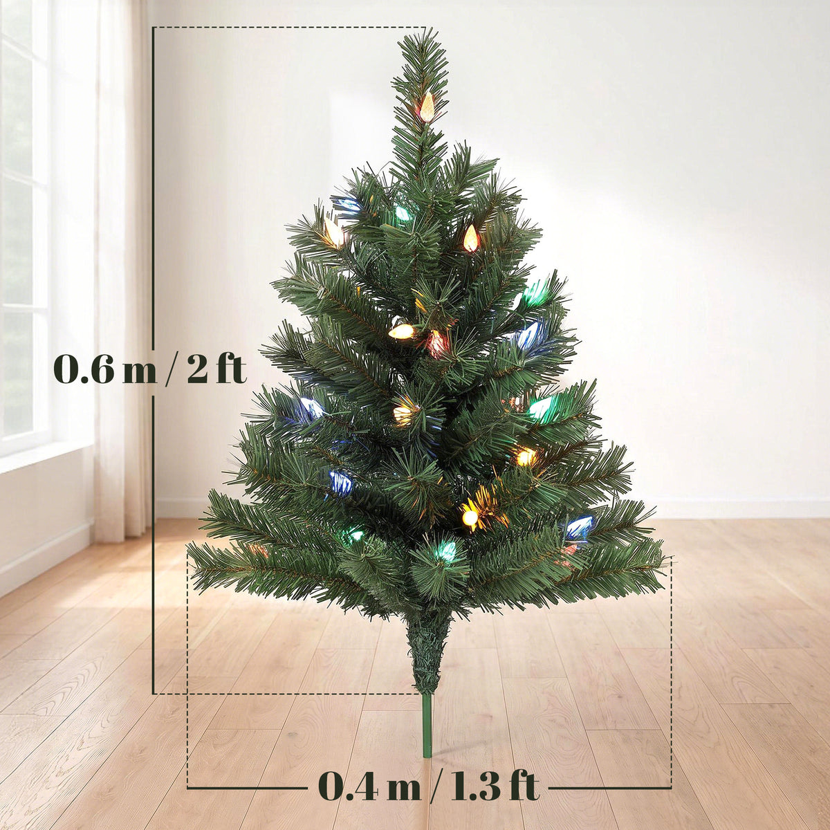 60 cm Pre-Lit Christmas Tree, 2-Pack Artificial Christmas Stake Trees with 60 Colourful LED Lights, 130 Tips, Ground Stakes, Green