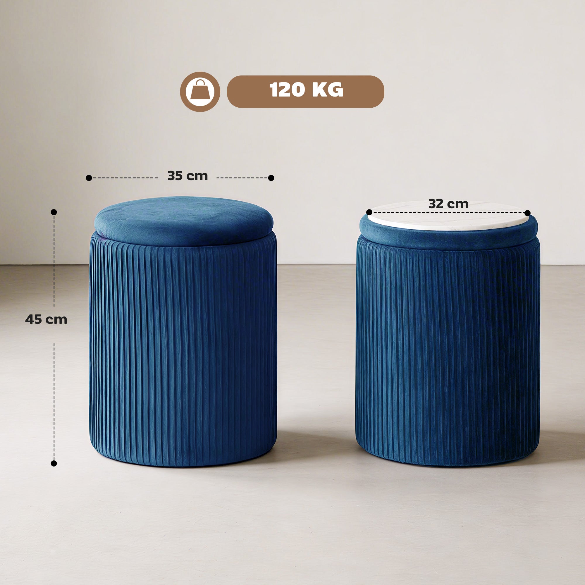 Round Storage Ottoman, Velvet-feel Fabric Upholstered Foot Stool with Removable Top, Padded Seat and Hidden Space for Living Room, Bedroom, Blue