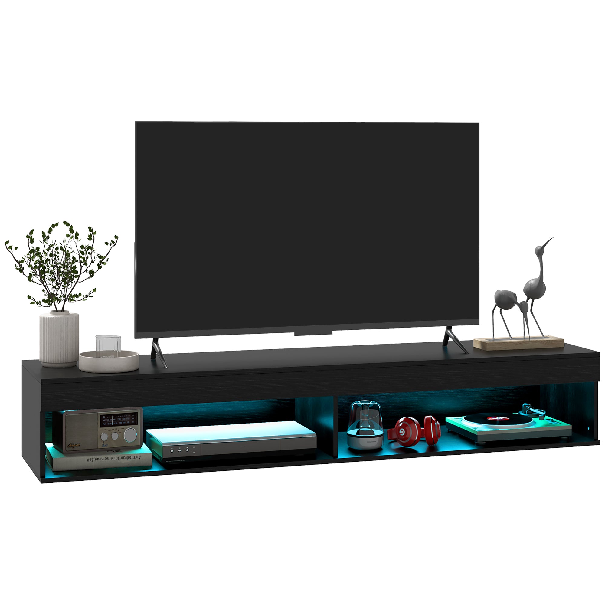 HOMCOM Floating TV Stand with LED Lights for TVs up to 75 Inch, Wall Mounted Media Console with Storage Shelf, Modern Entertainment Center for Living Room, Black