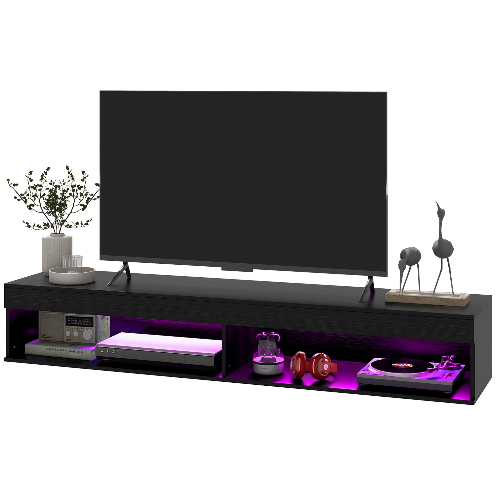 HOMCOM Floating TV Stand with LED Lights for TVs up to 75 Inch, Wall Mounted Media Console with Storage Shelf, Modern Entertainment Center for Living Room, Black