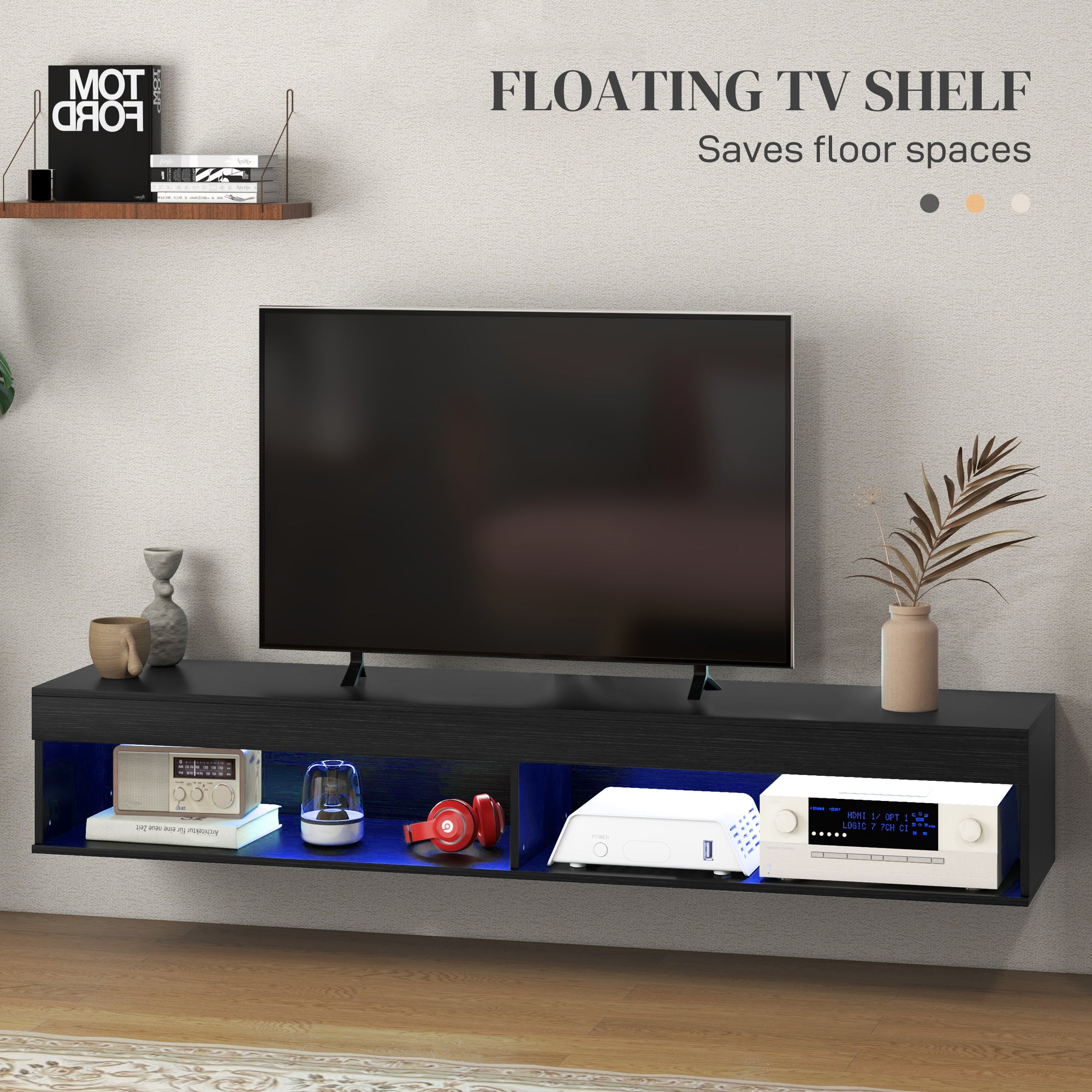 HOMCOM Floating TV Stand with LED Lights for TVs up to 75 Inch, Wall Mounted Media Console with Storage Shelf, Modern Entertainment Center for Living Room, Black