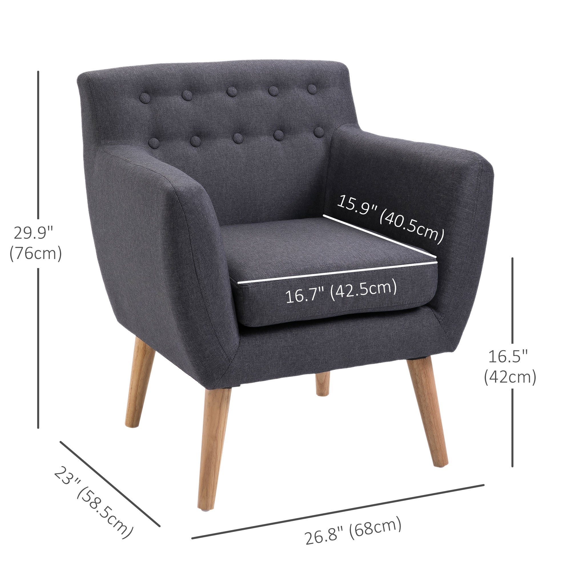 HOMCOM Mid-Century Modern Accent Chair, Linen Upholstery Armchair, Tufted Club Chair with Wood Frame and Thick Padding, Dark Grey