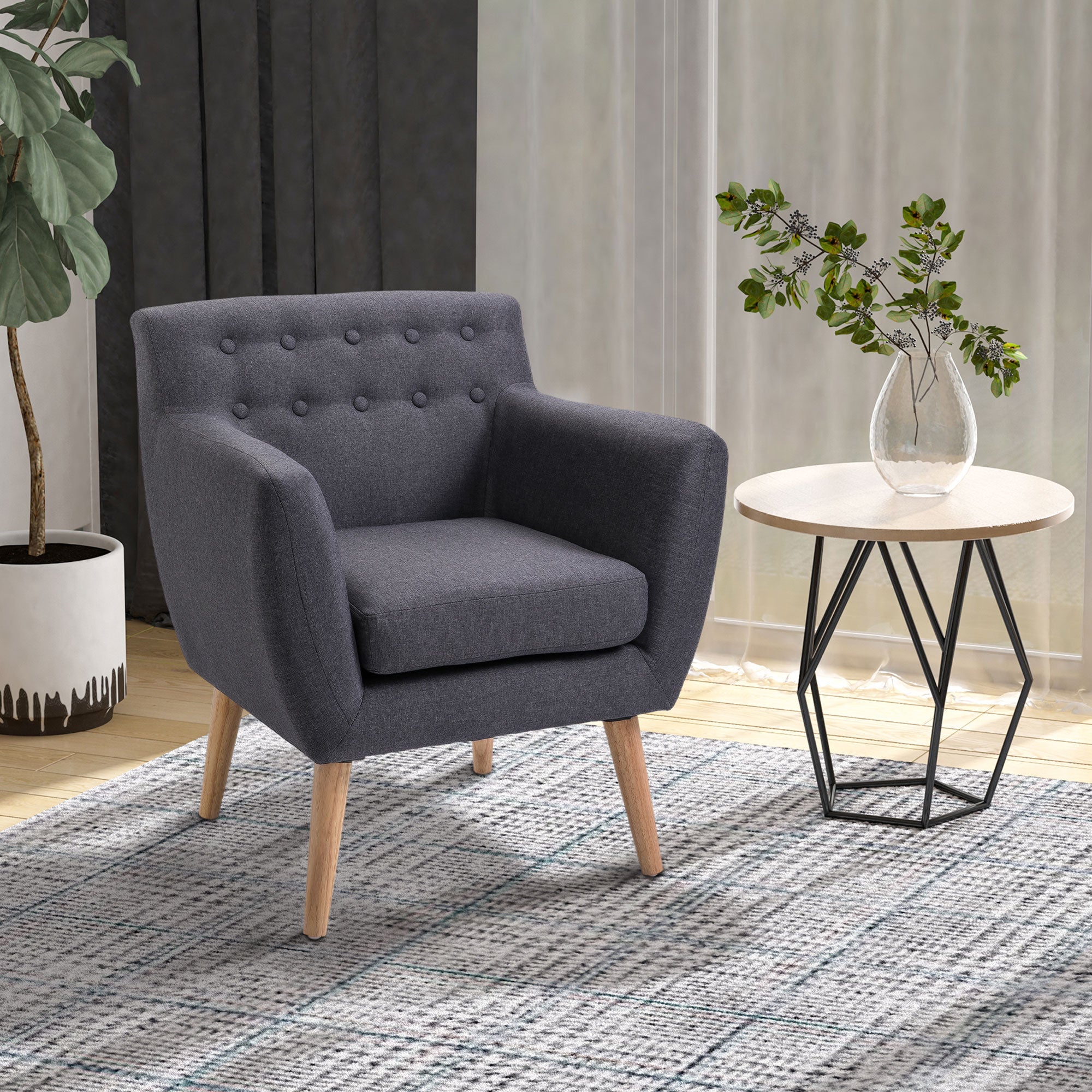 HOMCOM Mid-Century Modern Accent Chair, Linen Upholstery Armchair, Tufted Club Chair with Wood Frame and Thick Padding, Dark Grey