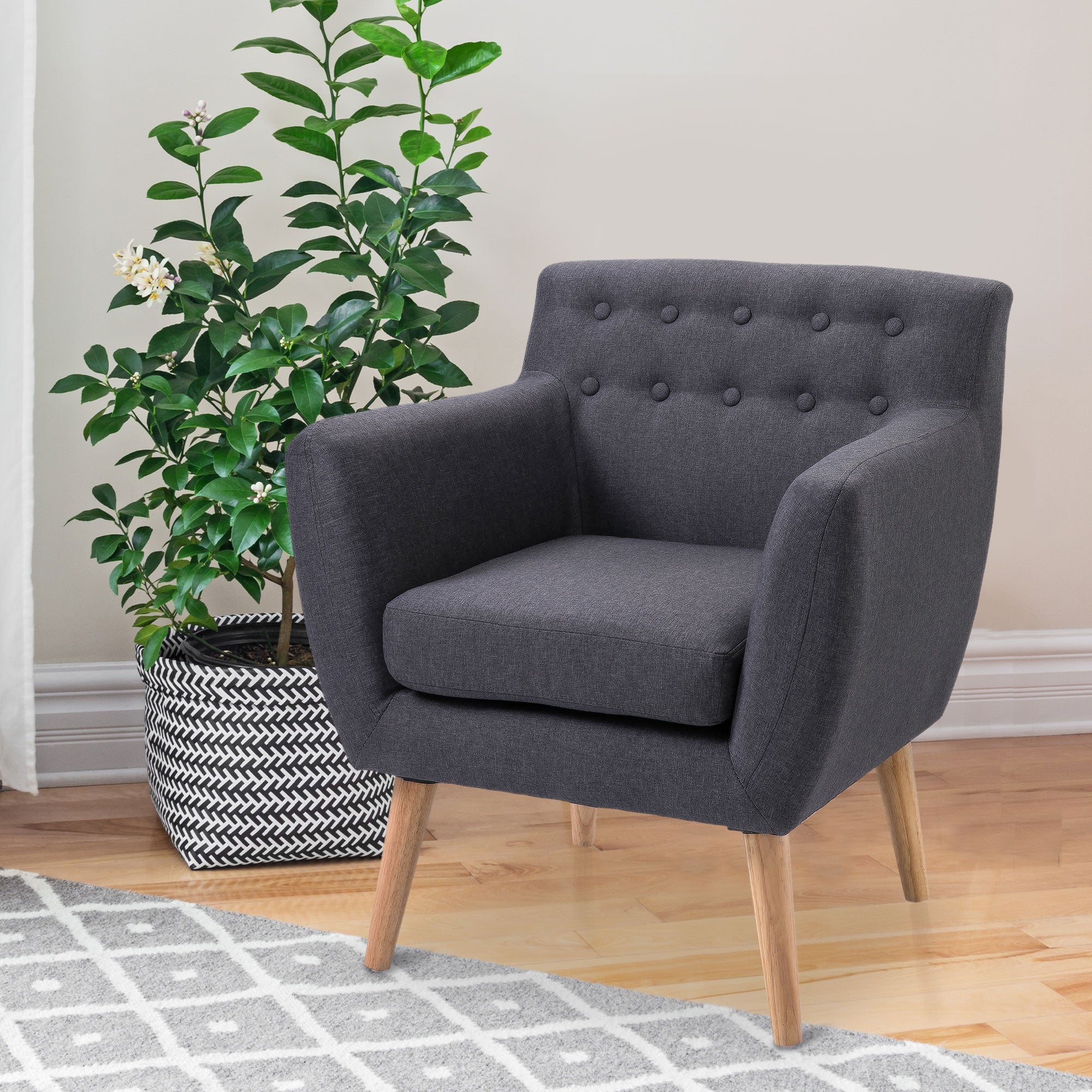 HOMCOM Mid-Century Modern Accent Chair, Linen Upholstery Armchair, Tufted Club Chair with Wood Frame and Thick Padding, Dark Grey