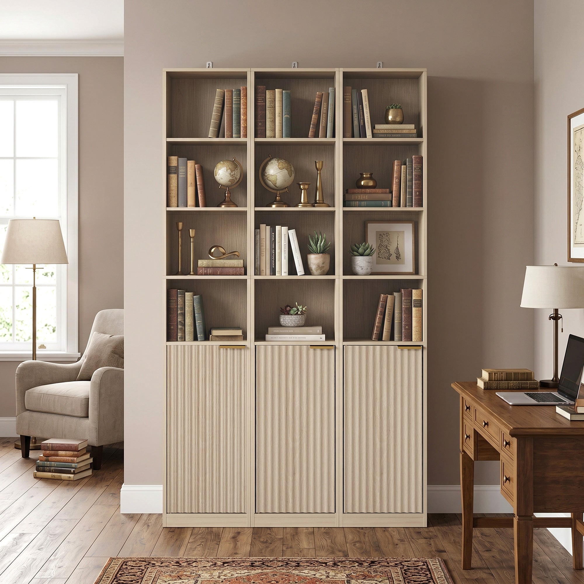 Bookcase, 6-Tier Tall Bookshelf, Open Book Shelf with Storage Cabinet and Adjustable Shelf, Anti-Tip Hardware for Living Room, Bedroom, Home Office, Oak Wood Effect
