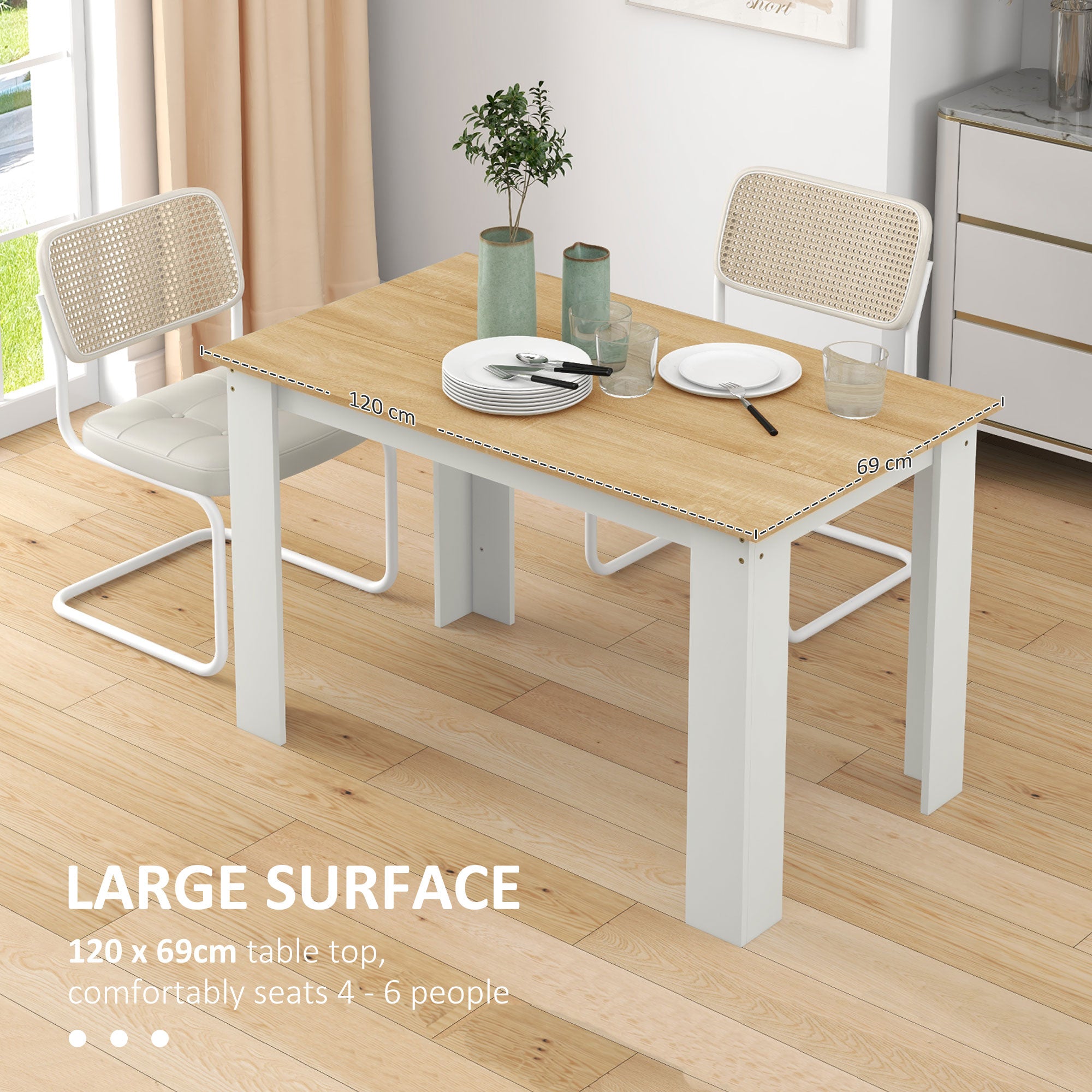 Dining Table for 4 to 6, 120W x 69D x 75H cm, Modern Kitchen Table with Wood Effect Tabletop for Dining Room, Kitchen, Living Room, Oak and White