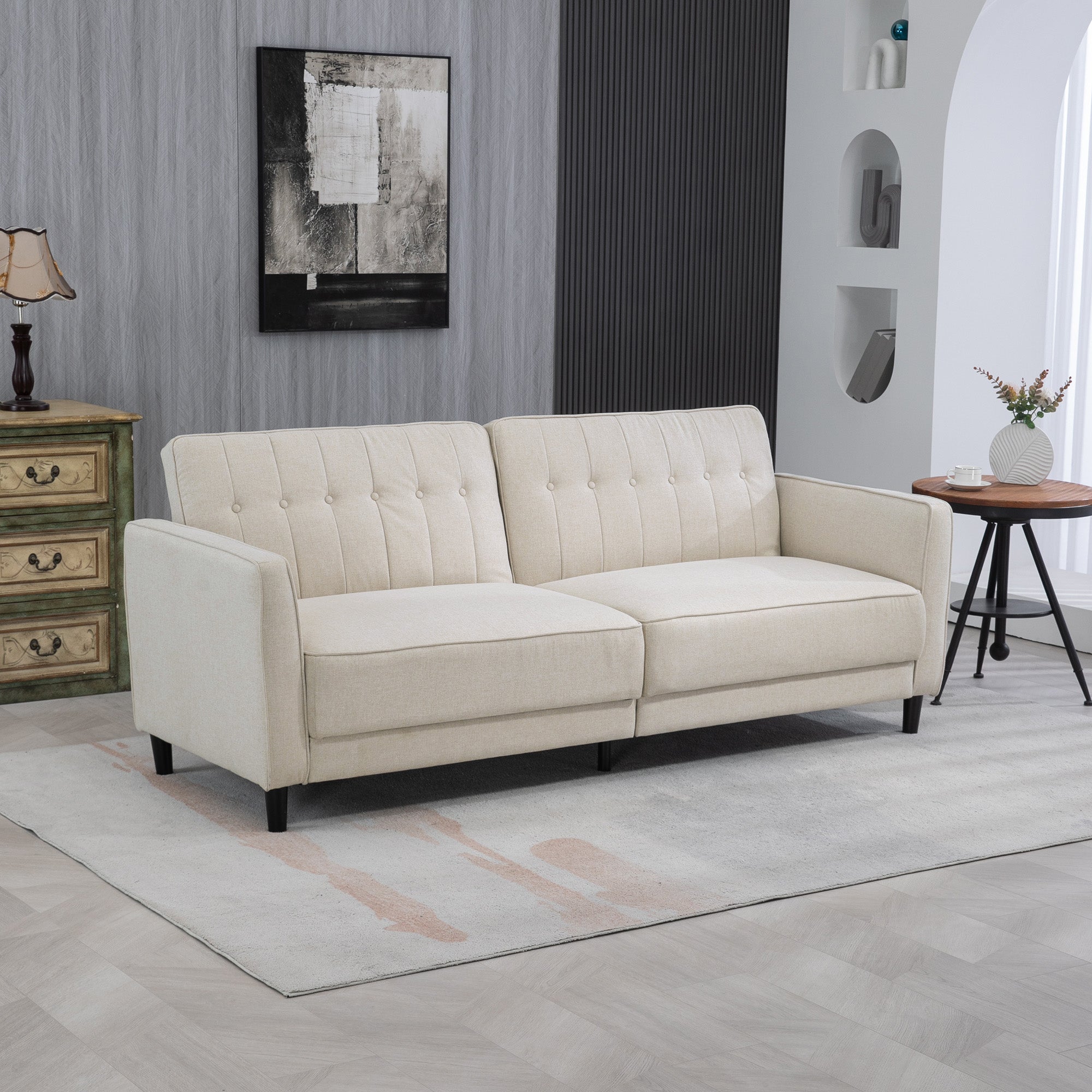 HOMCOM Convertible Sofa Bed with Adjustable Back, Button Tufted Sofa Bed Couch for Living Room, Guest Room, Apartment, Beige
