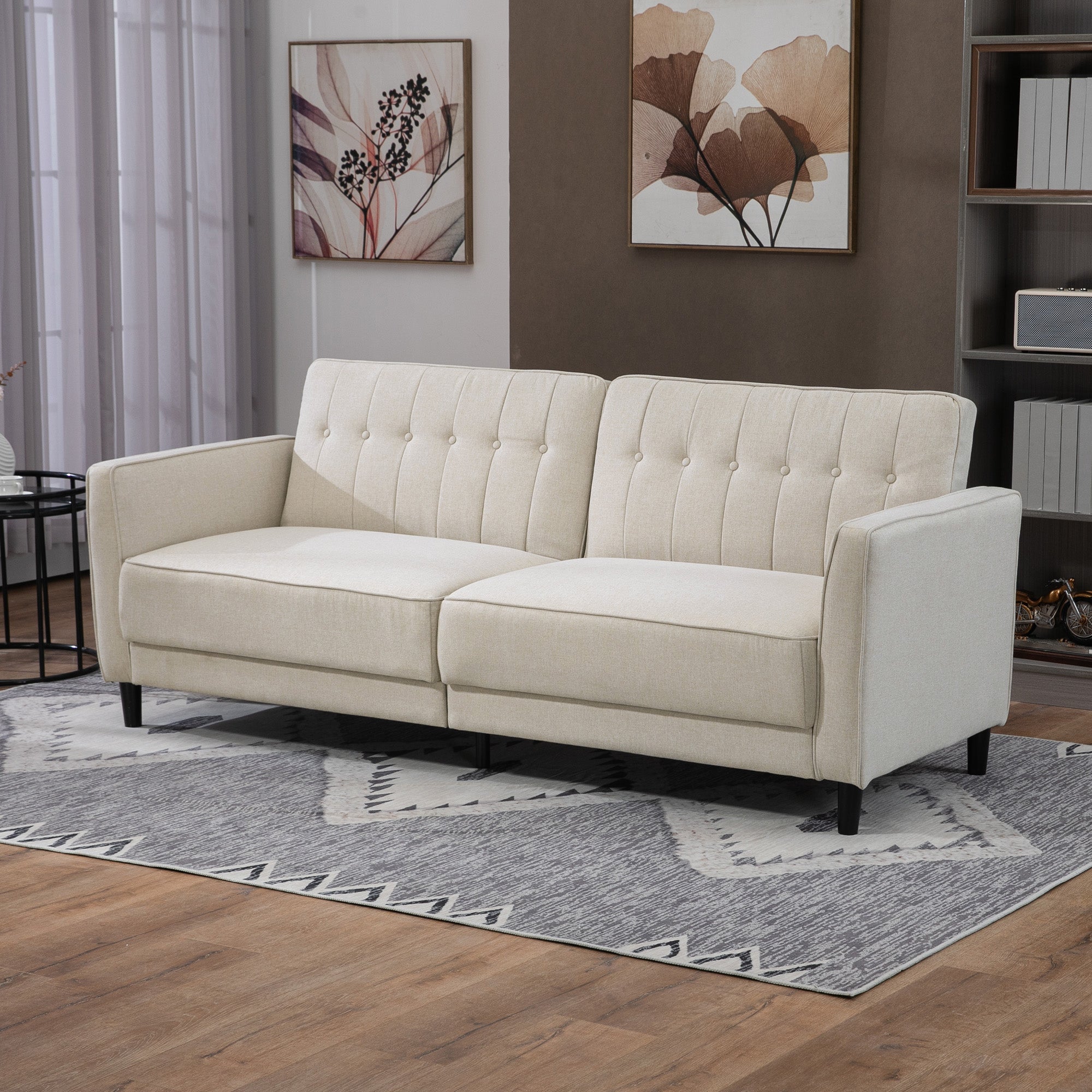 HOMCOM Convertible Sofa Bed with Adjustable Back, Button Tufted Sofa Bed Couch for Living Room, Guest Room, Apartment, Beige