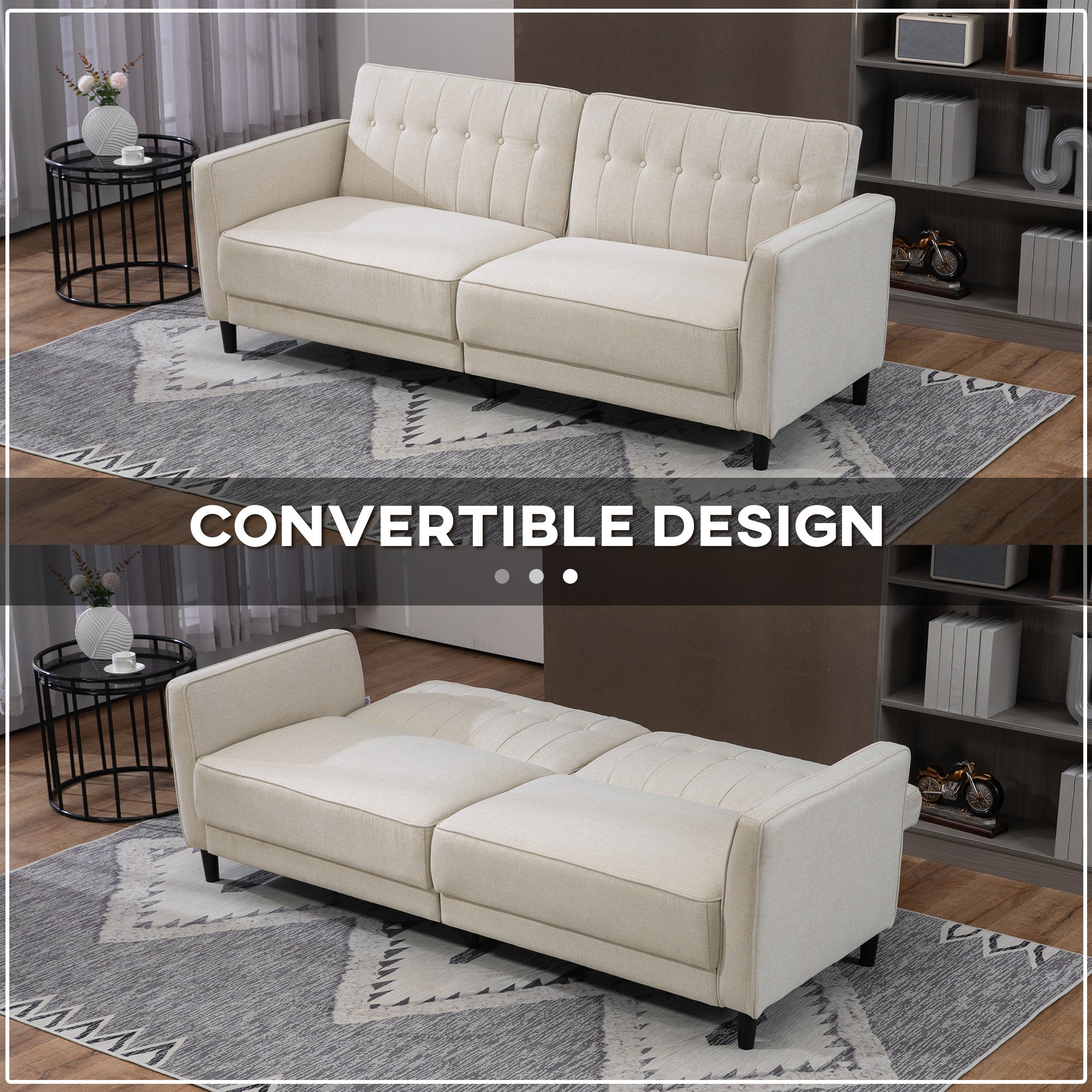 HOMCOM Convertible Sofa Bed with Adjustable Back, Button Tufted Sofa Bed Couch for Living Room, Guest Room, Apartment, Beige