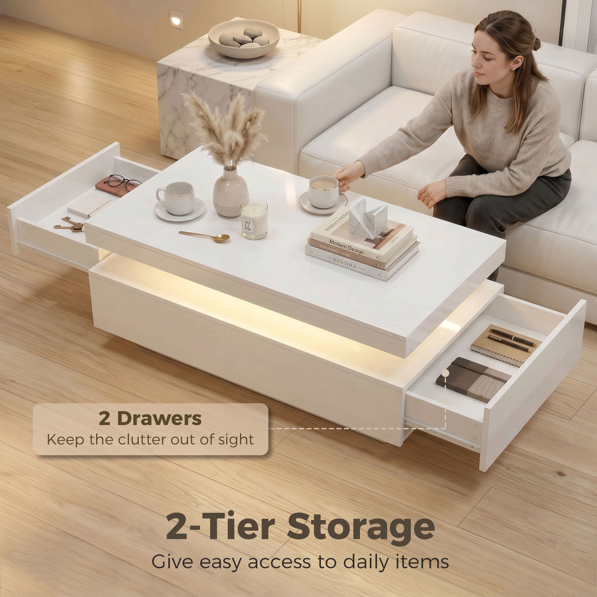 LED Coffee Table with Storage, 2-Tier Modern Rectangular Center Table with 2 Drawers and Open Compartment for Living Room, High Gloss White
