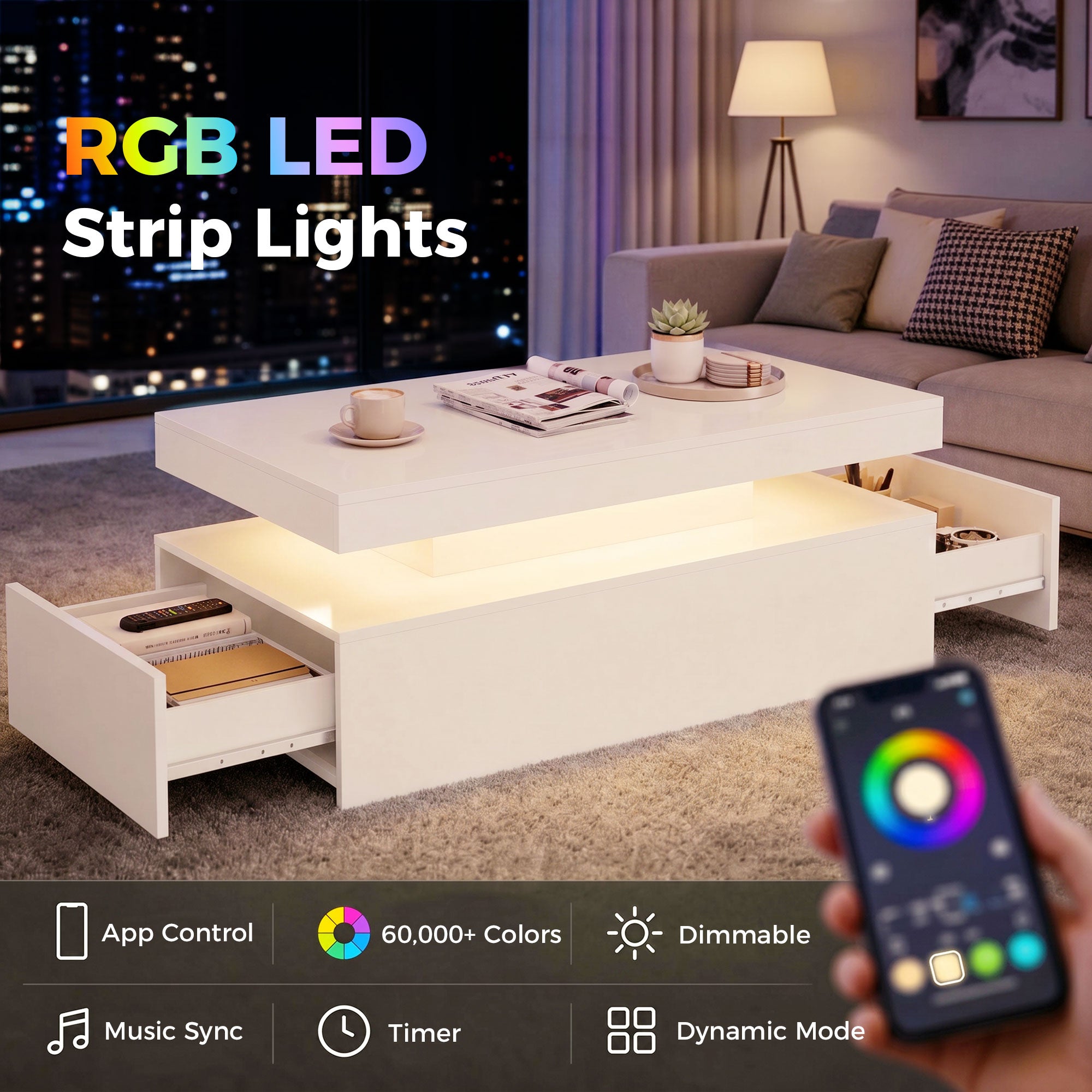 LED Coffee Table with Storage, 2-Tier Modern Rectangular Center Table with 2 Drawers and Open Compartment for Living Room, High Gloss White
