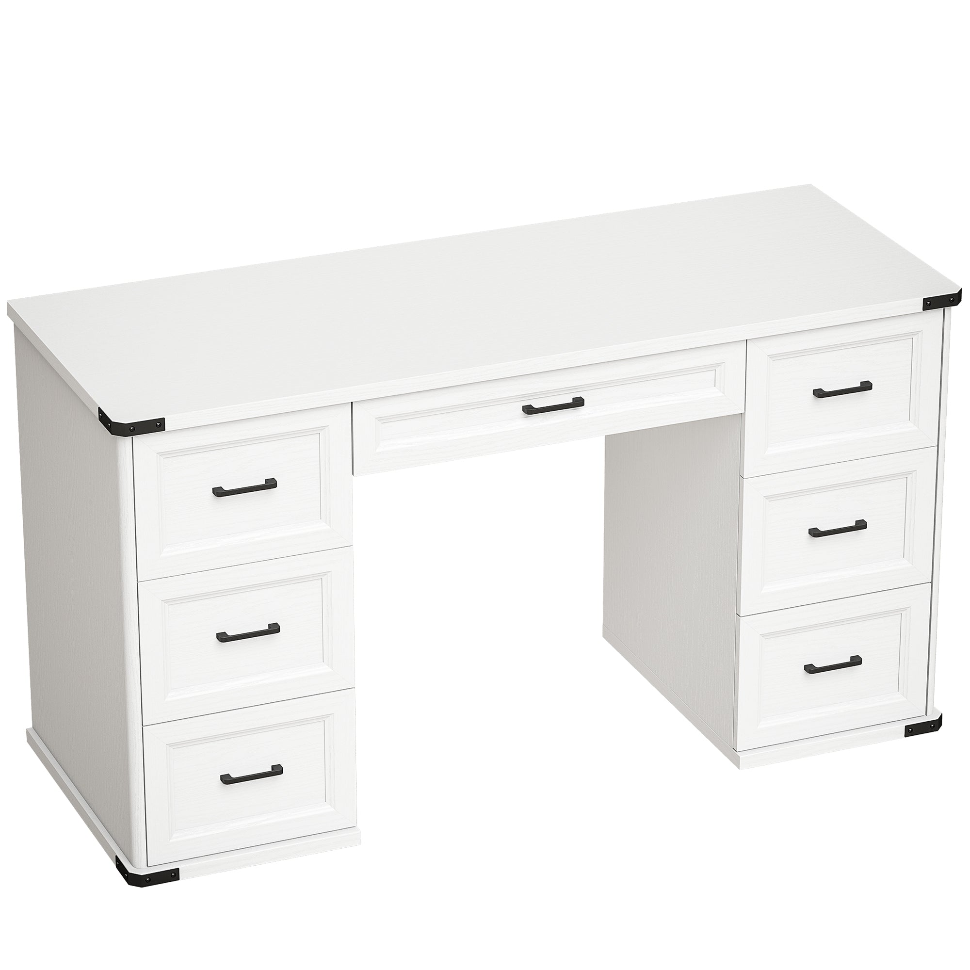 55" Farmhouse Executive Desk, Computer Desk with Drawers, Study Table for Home Office, Bedroom, White Wood Grain