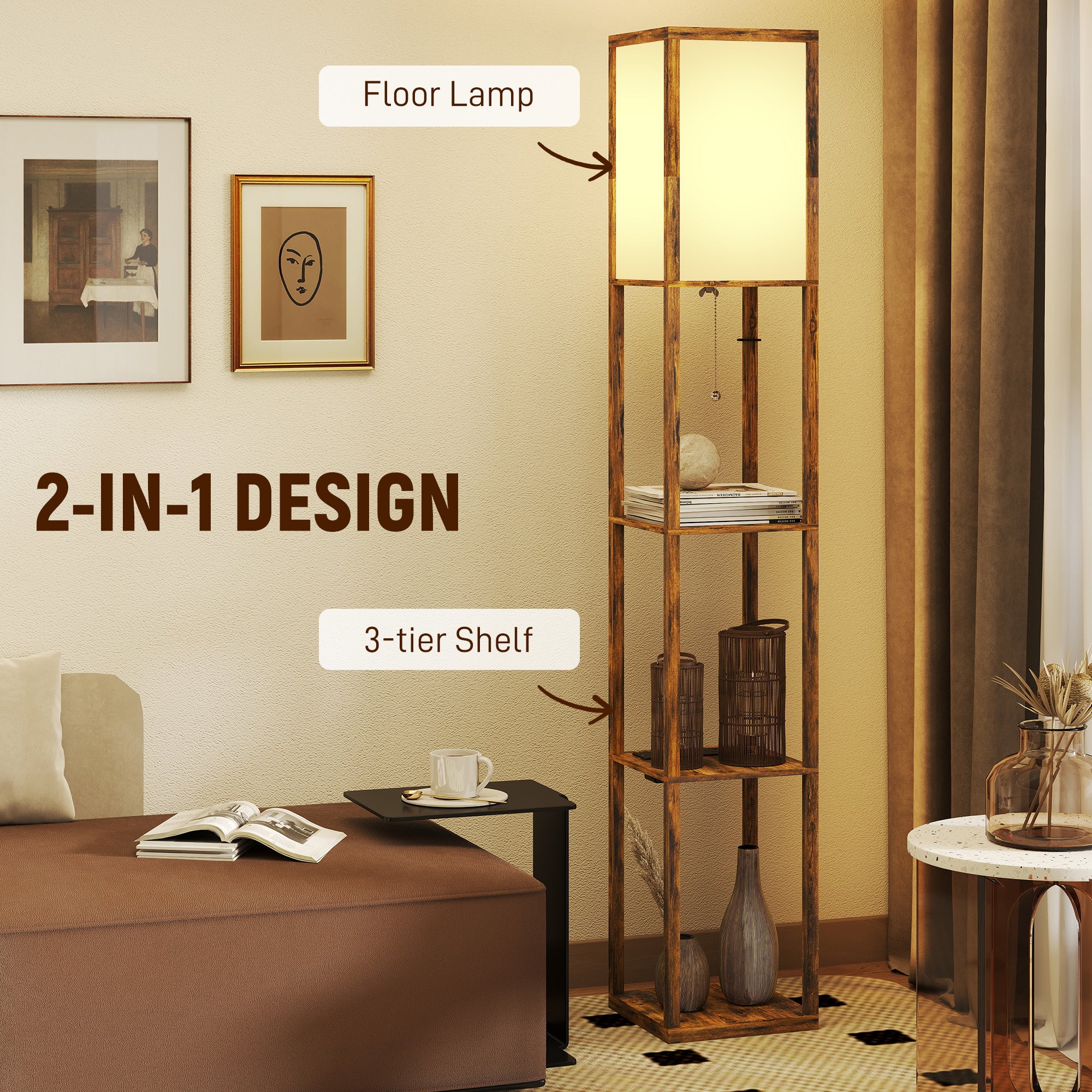 Floor Lamp with Shelves, 4 Layer Column Modern Standing Lamp with USB-A/C Ports and 3 Adjustable Colour Temperature for Living Room, Bedroom, Office, Rustic Brown