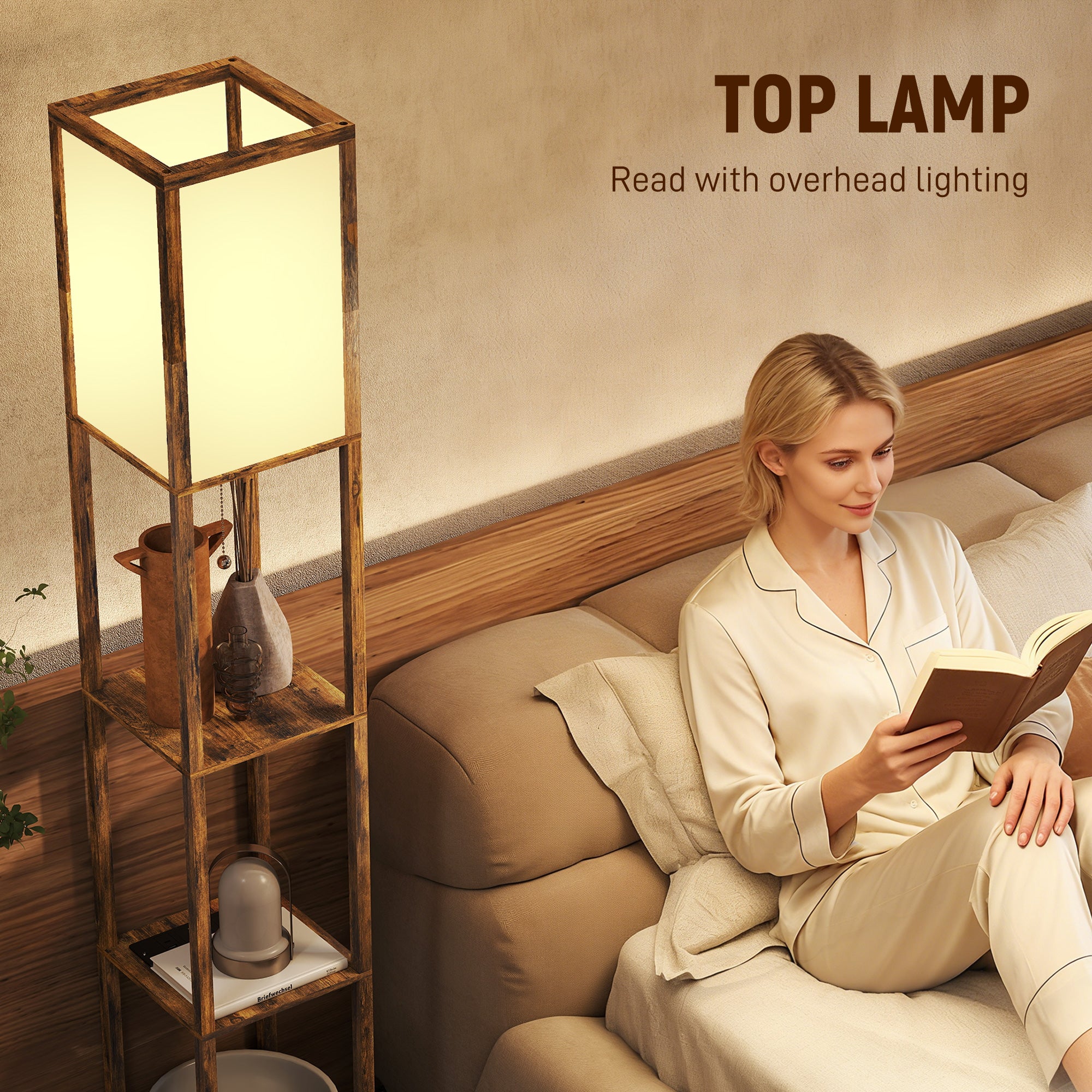 Floor Lamp with Shelves, 4 Layer Column Modern Standing Lamp with USB-A/C Ports and 3 Adjustable Colour Temperature for Living Room, Bedroom, Office, Rustic Brown