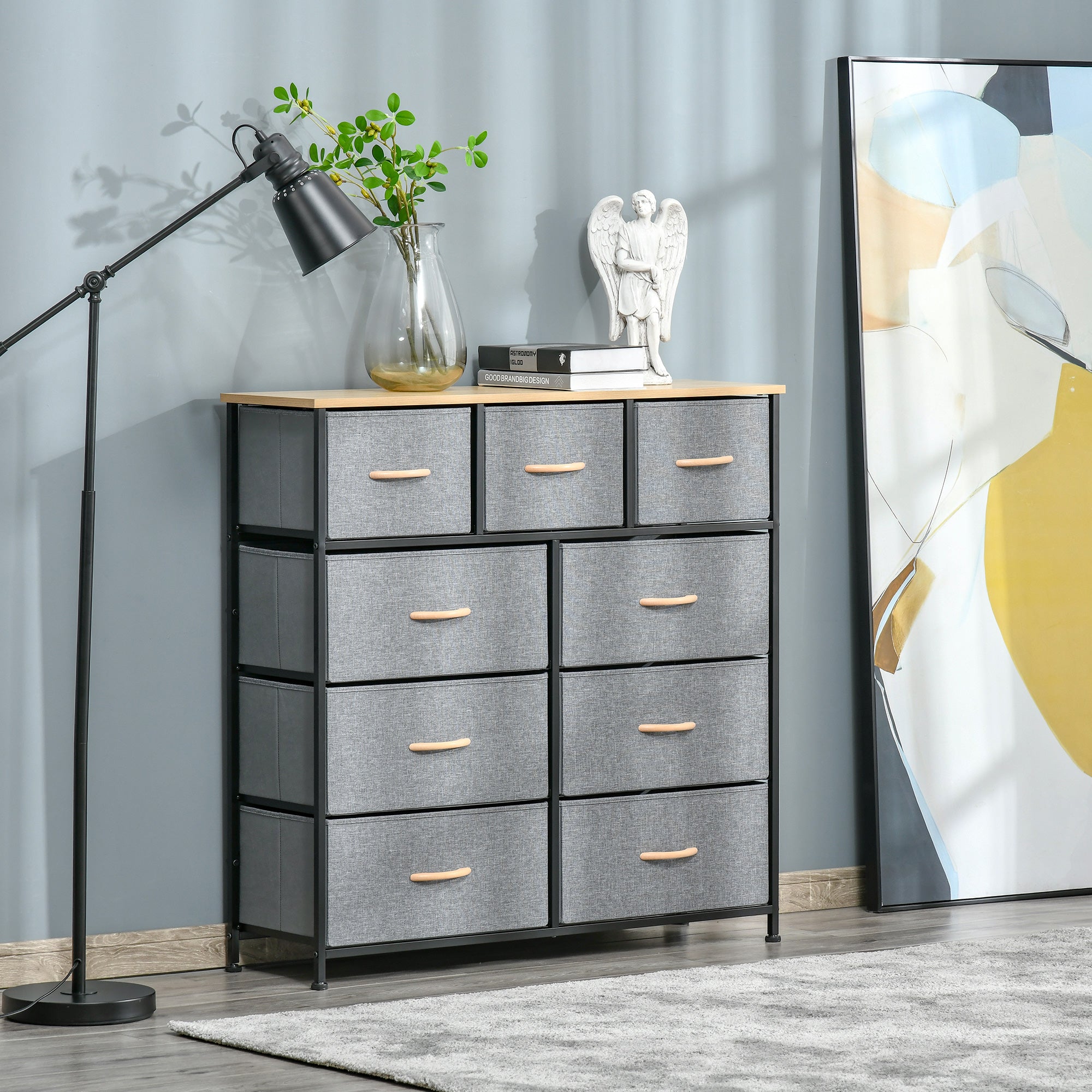 9 Drawers Storage Chest Dresser Organizer Unit w/ Steel Frame, Wood Top, Easy Pull Fabric Bins, for Hallway, Closet, Entryway, Oak & Grey