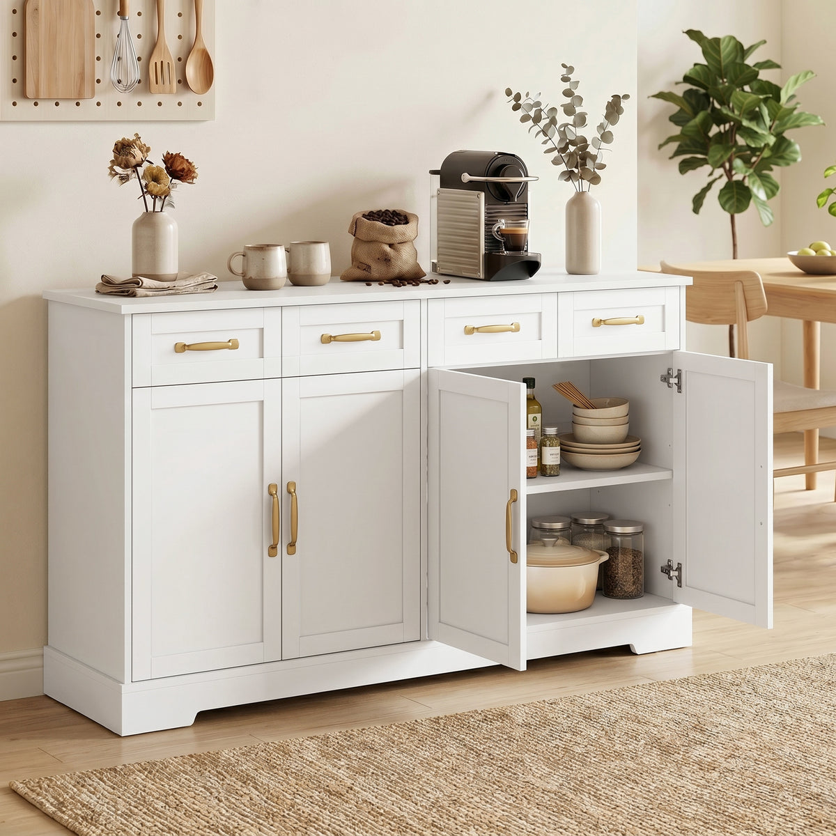 Sideboard Buffet Cabinet, 55" Modern Farmhouse Kitchen Storage Cabinet with 4 Drawers, 4 Doors and 2 Adjustable Shelves, Coffee Bar Station, White