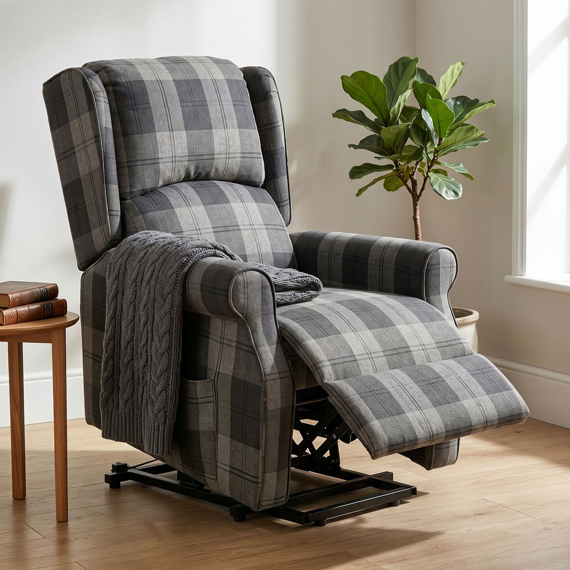 Power Lift Recliner Chair with Vibration Massage and Heat, Checked Electric Lift Chair for Elderly, Fabric Riser and Reclining Armchair with Pocket Spring, Remote, Quick Assembly, Side Pockets