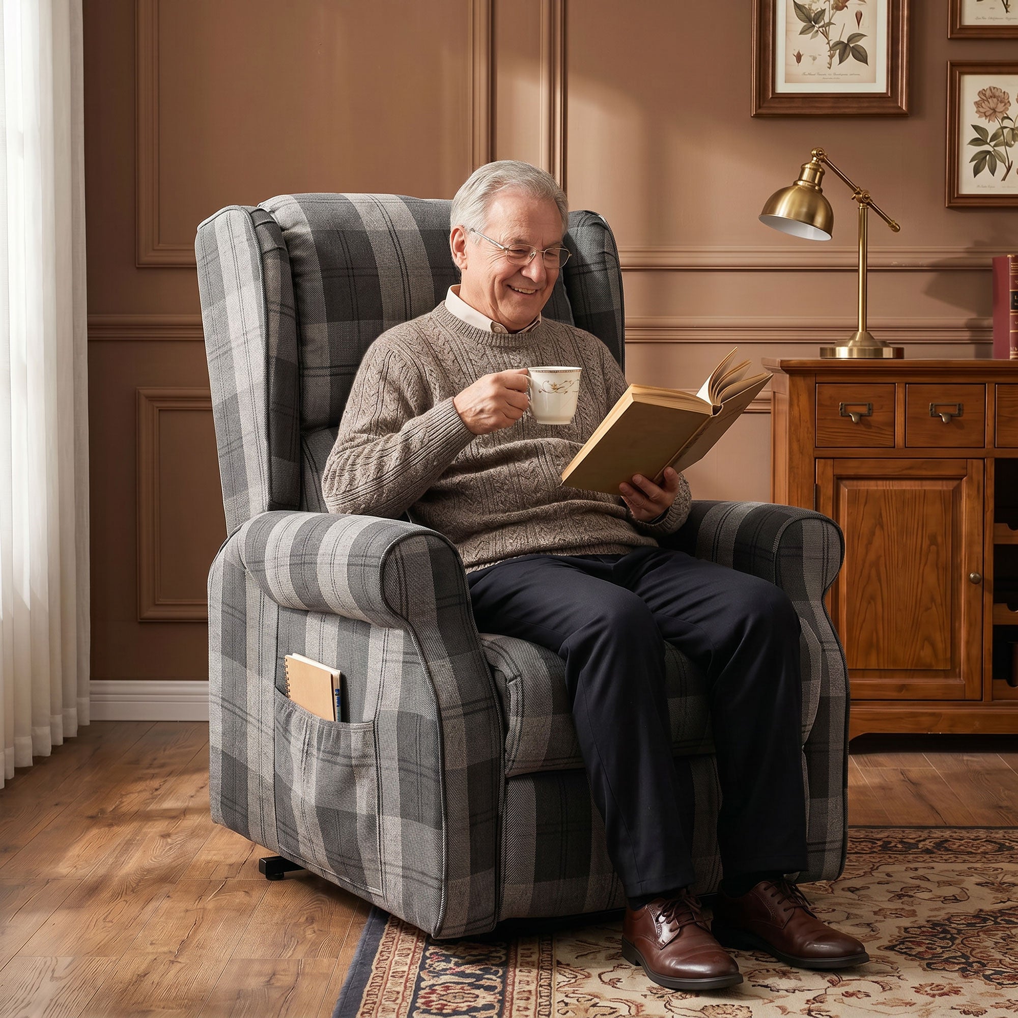 Power Lift Recliner Chair with Vibration Massage and Heat, Checked Electric Lift Chair for Elderly, Fabric Riser and Reclining Armchair with Pocket Spring, Remote, Quick Assembly, Side Pockets