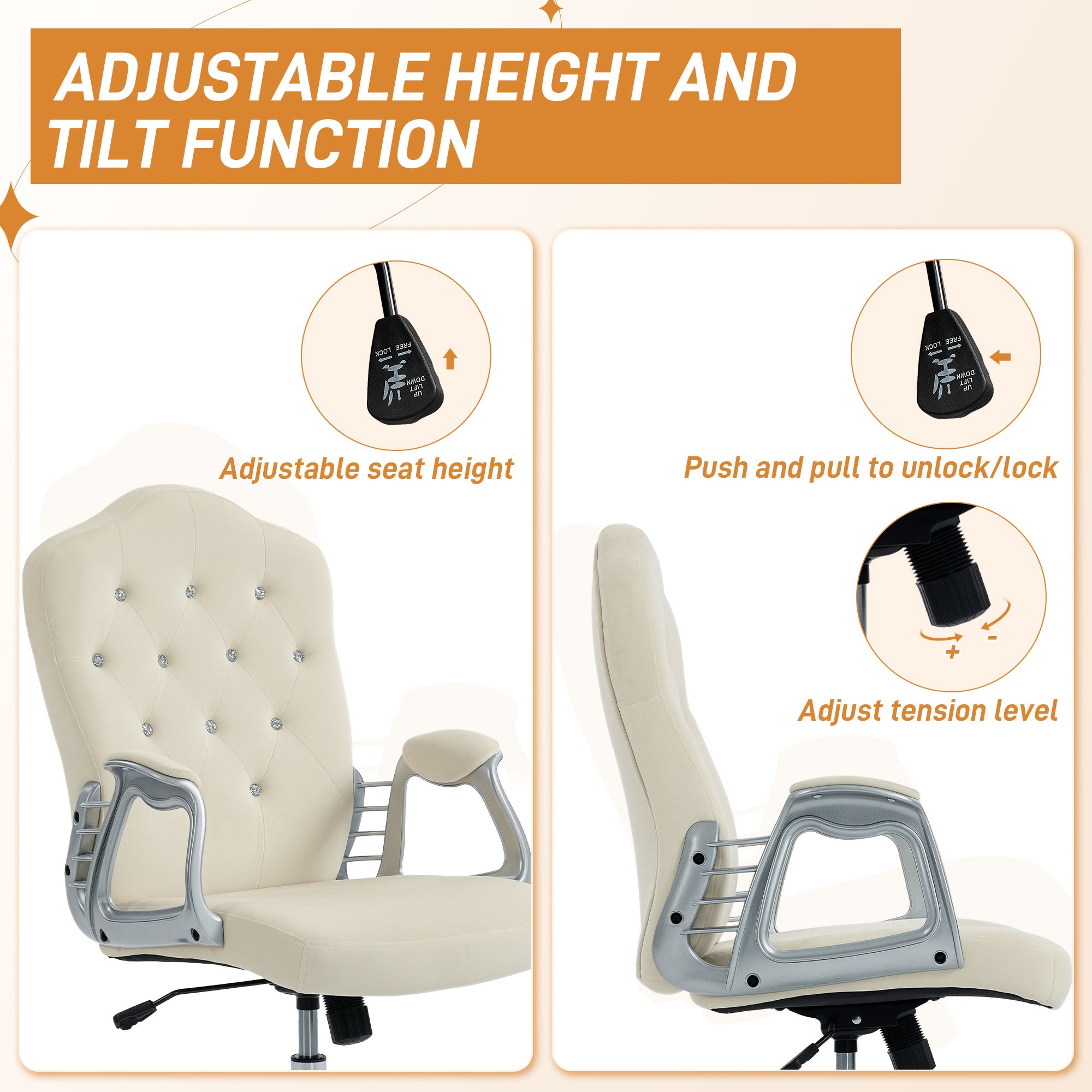 Vanity Office Chair, Velvet Computer Desk Chair with Swivel Wheels, Adjustable Height, Tilt Function, Beige
