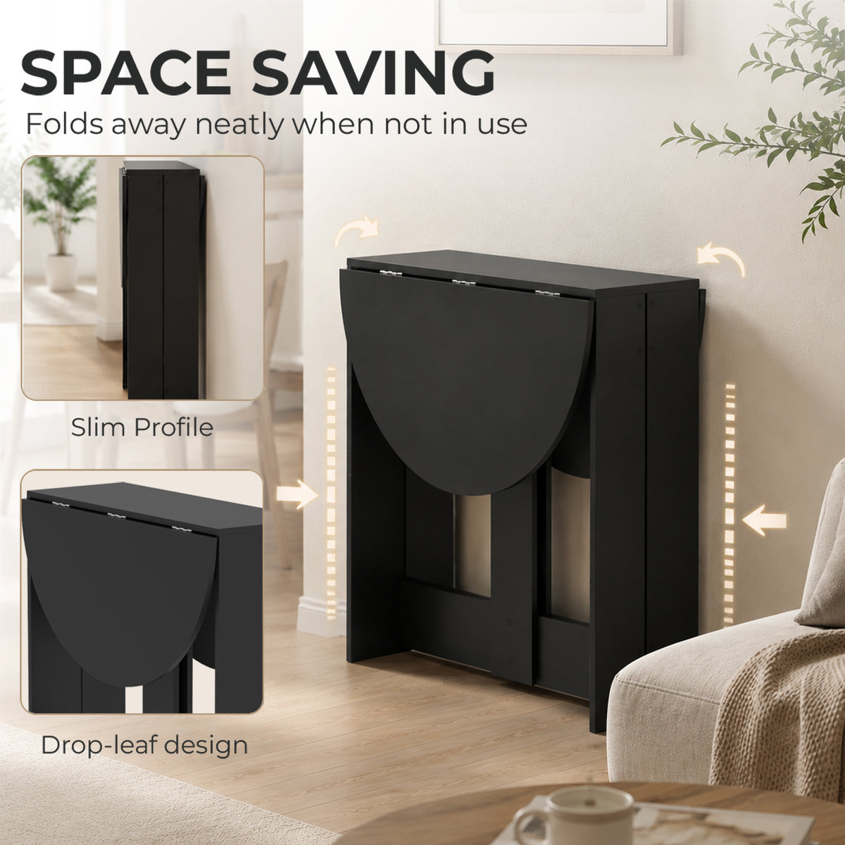 Drop-Leaf Table, Folding Dining Table with Foldable Leaves for Small Spaces, Kitchen, Dining Room, Black