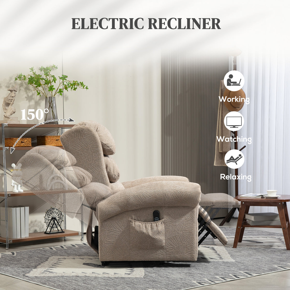 Riser Recliner Chair for Elderly, Velvet Electric Power Lift Chair with Layered Padded Backrest, Spring Cushion, Wide Seat, USB Port, Remote, Side Pockets, Lift Armchair for Living Room, Khaki