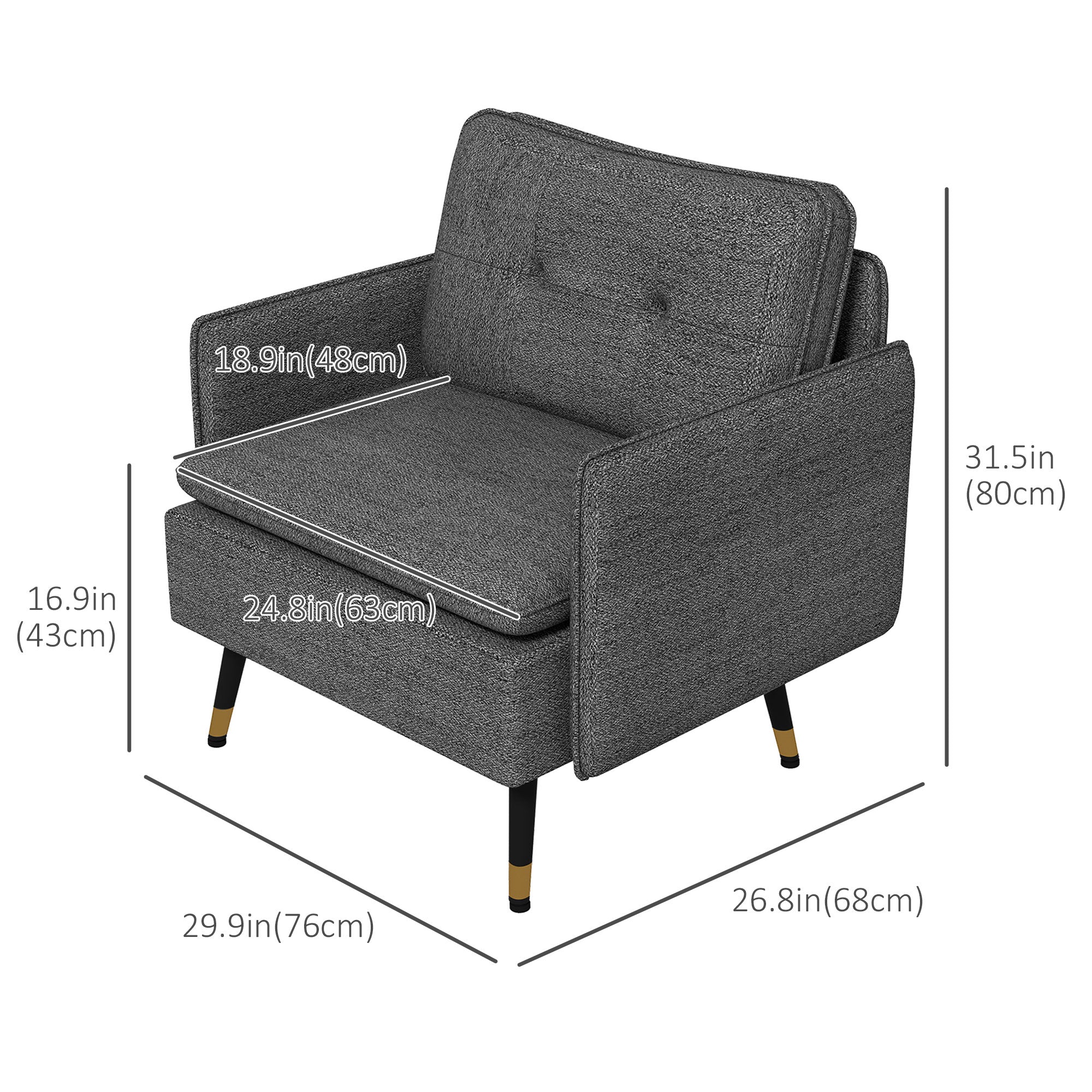 HOMCOM Accent Chair with Cushioned Seat and Back, Upholstered Fabric Armchair for Bedroom, Button Tufted Living Room Chair with Arms and Steel Legs, Dark Grey