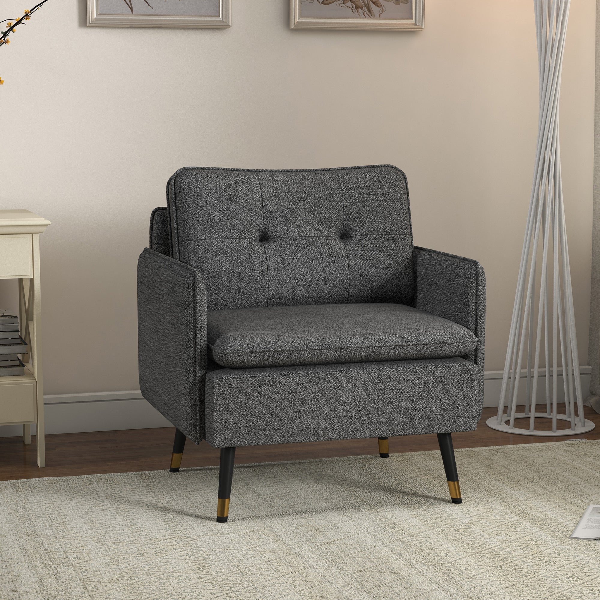 HOMCOM Accent Chair with Cushioned Seat and Back, Upholstered Fabric Armchair for Bedroom, Button Tufted Living Room Chair with Arms and Steel Legs, Dark Grey