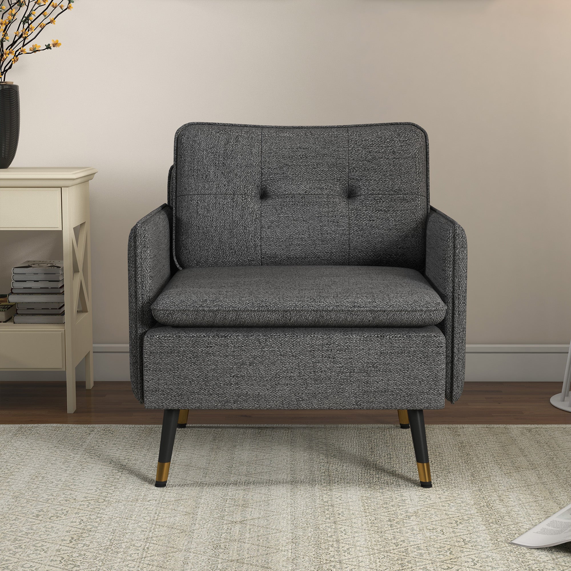 HOMCOM Accent Chair with Cushioned Seat and Back, Upholstered Fabric Armchair for Bedroom, Button Tufted Living Room Chair with Arms and Steel Legs, Dark Grey