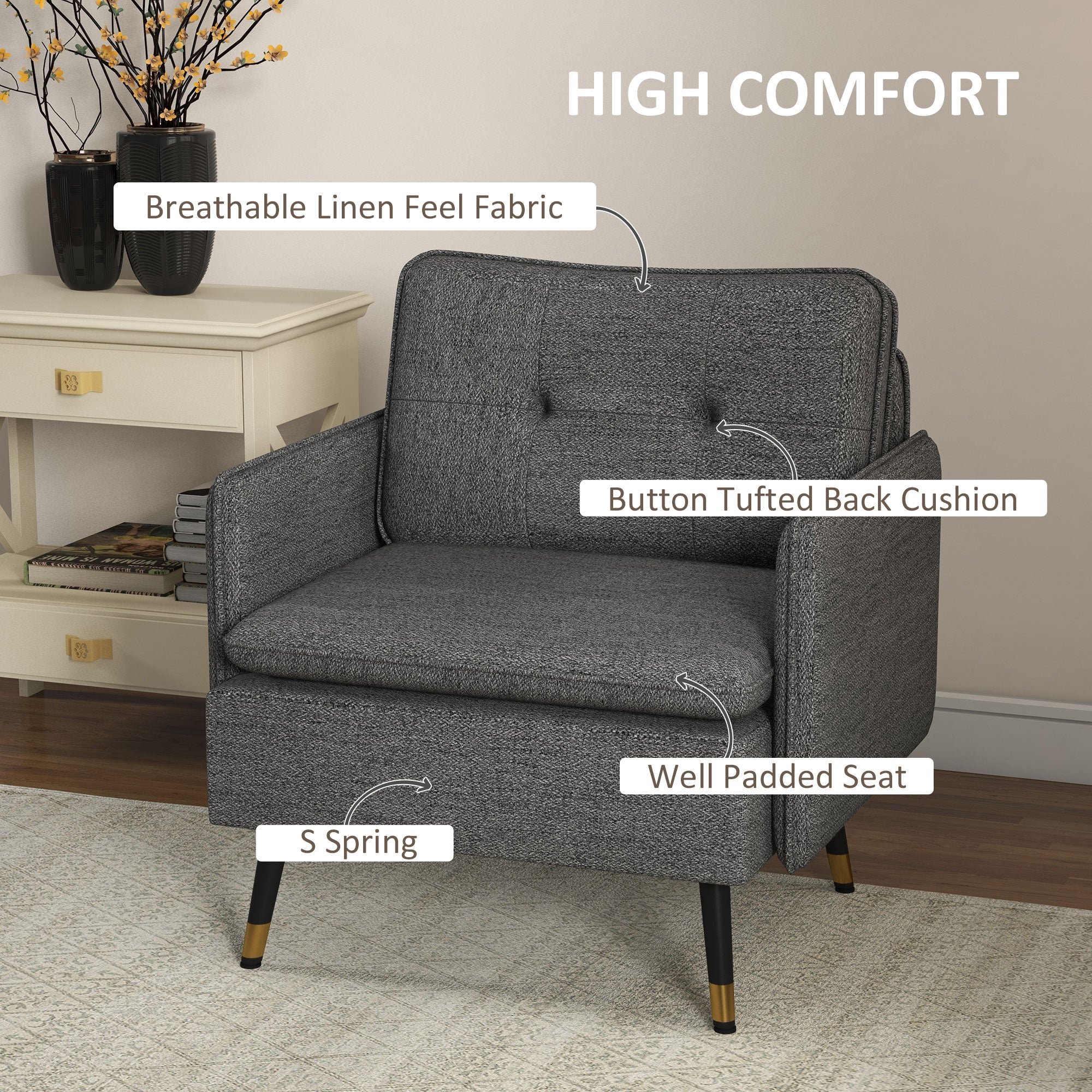 HOMCOM Accent Chair with Cushioned Seat and Back, Upholstered Fabric Armchair for Bedroom, Button Tufted Living Room Chair with Arms and Steel Legs, Dark Grey