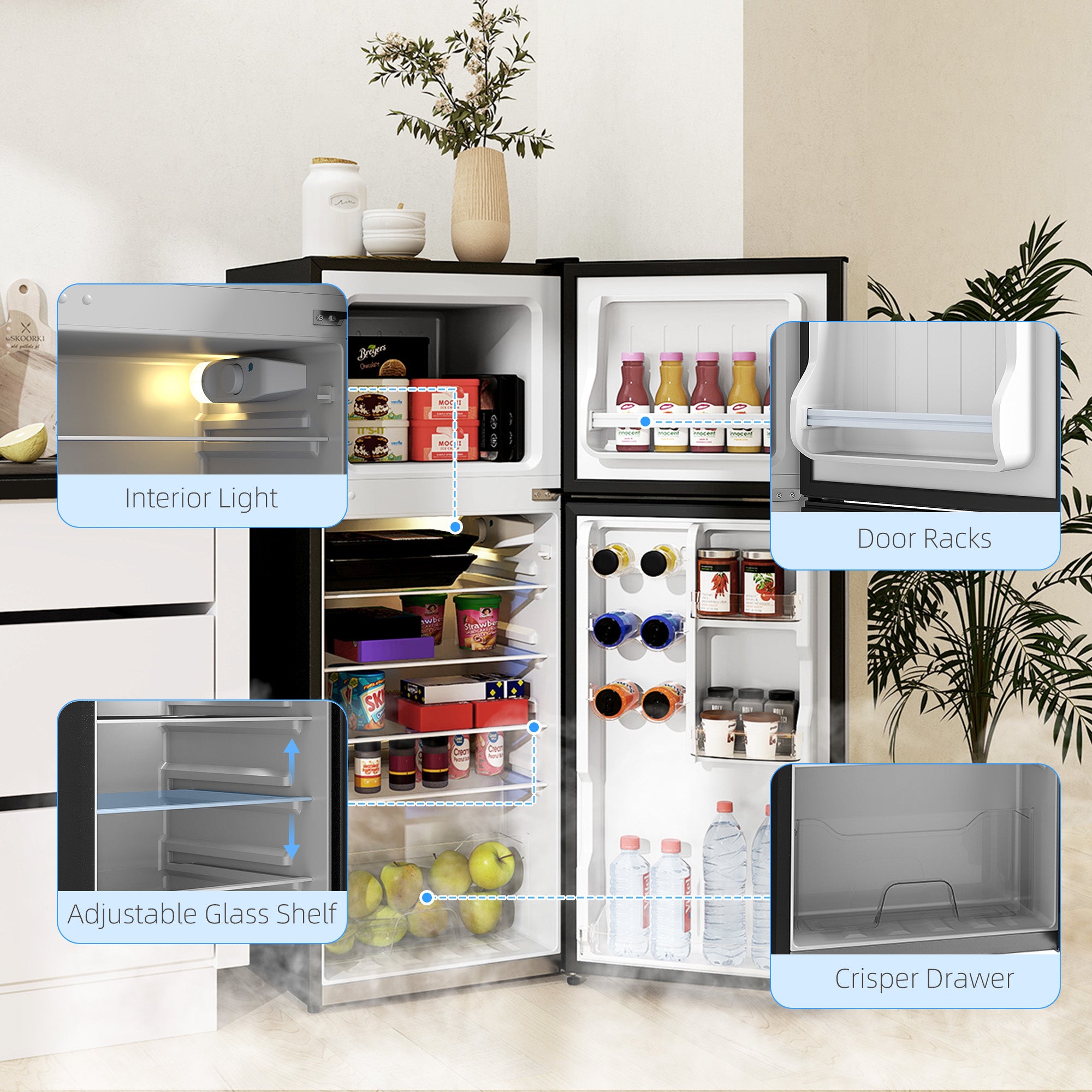 Small Fridge with Freezer, 4 Cu. Ft. Compact Refrigerator with Adjustable Shelves, Mechanical Thermostat, Reversible Double Doors for Bedroom, Dorm, Kitchen, Silver