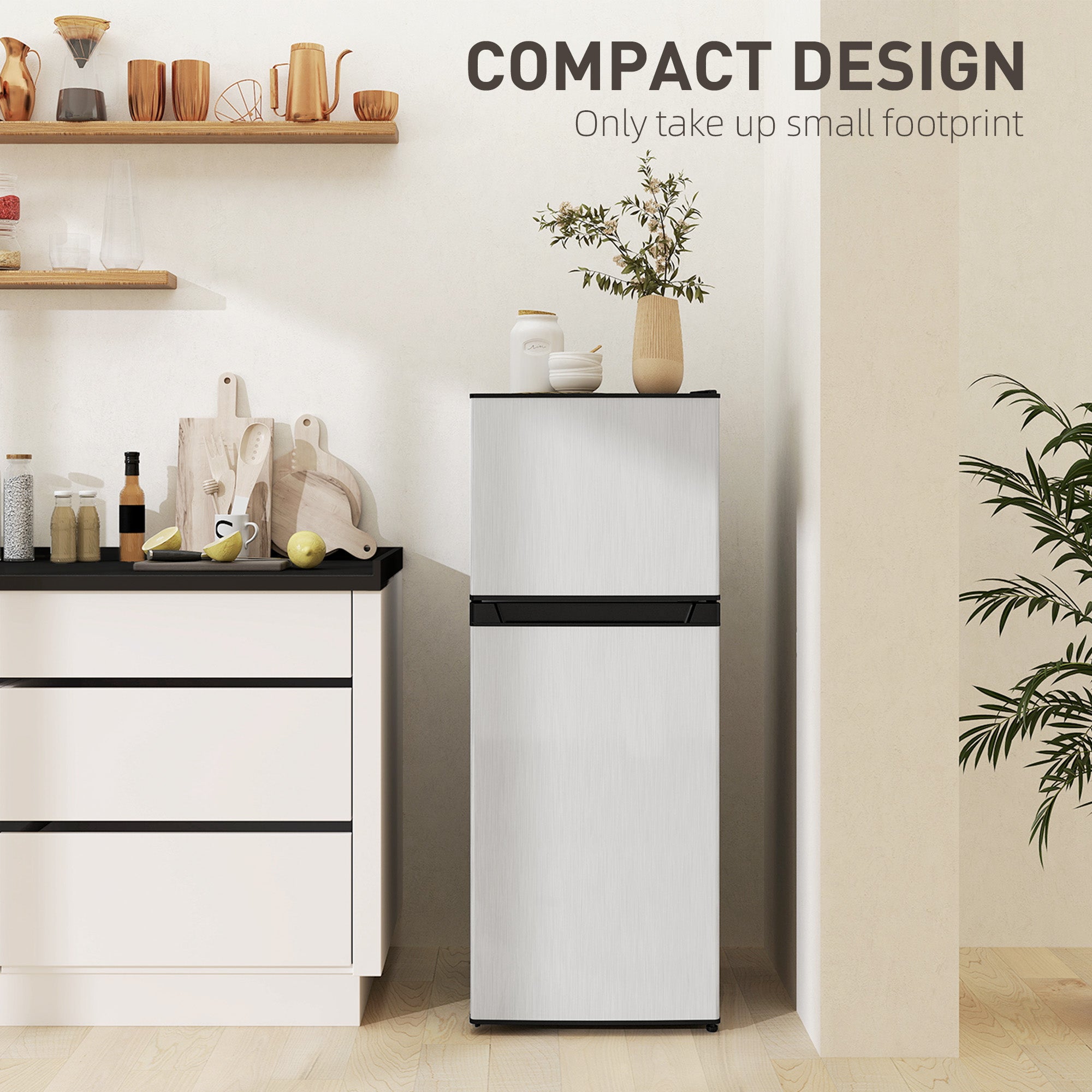 Small Fridge with Freezer, 4 Cu. Ft. Compact Refrigerator with Adjustable Shelves, Mechanical Thermostat, Reversible Double Doors for Bedroom, Dorm, Kitchen, Silver