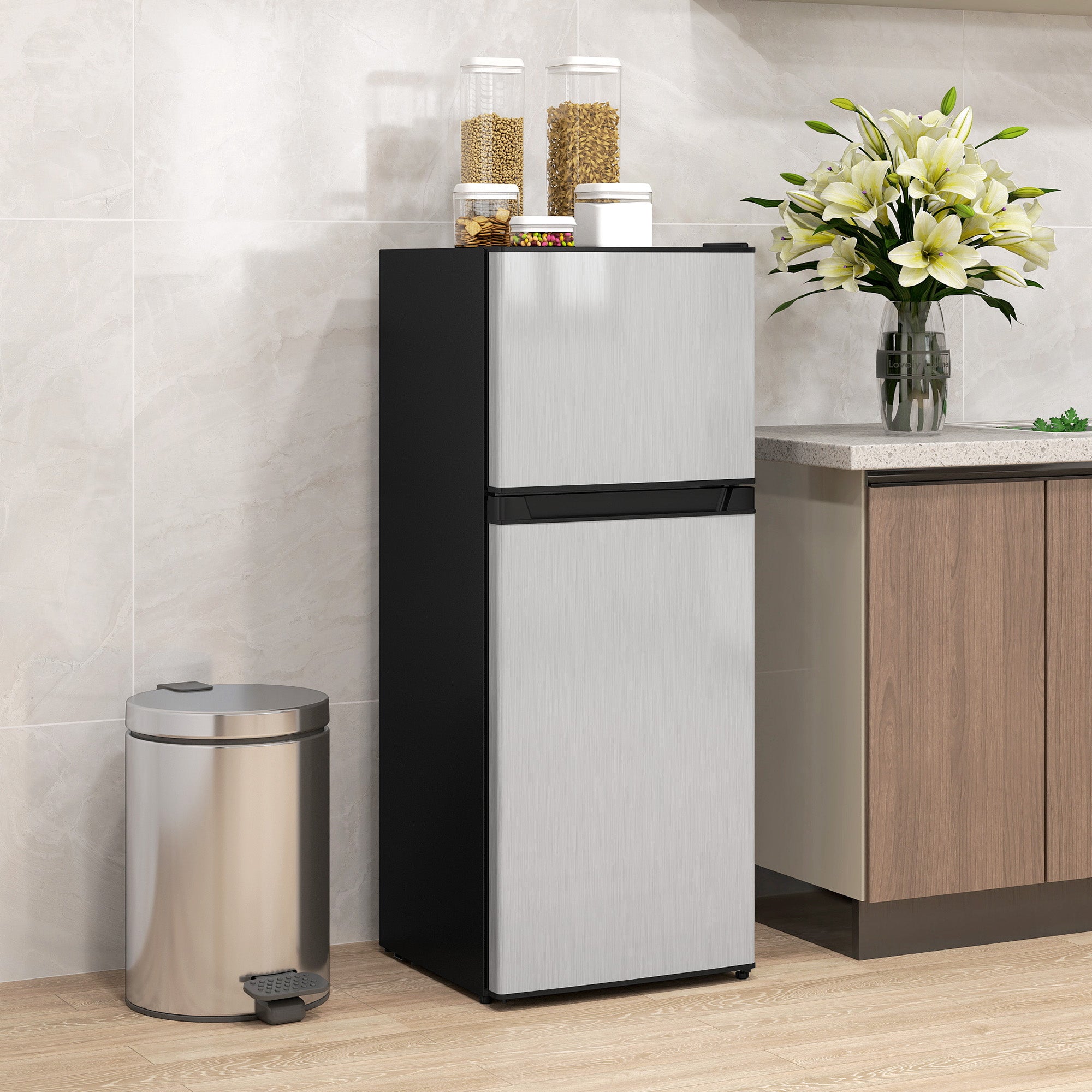 Small Fridge with Freezer, 4 Cu. Ft. Compact Refrigerator with Adjustable Shelves, Mechanical Thermostat, Reversible Double Doors for Bedroom, Dorm, Kitchen, Silver