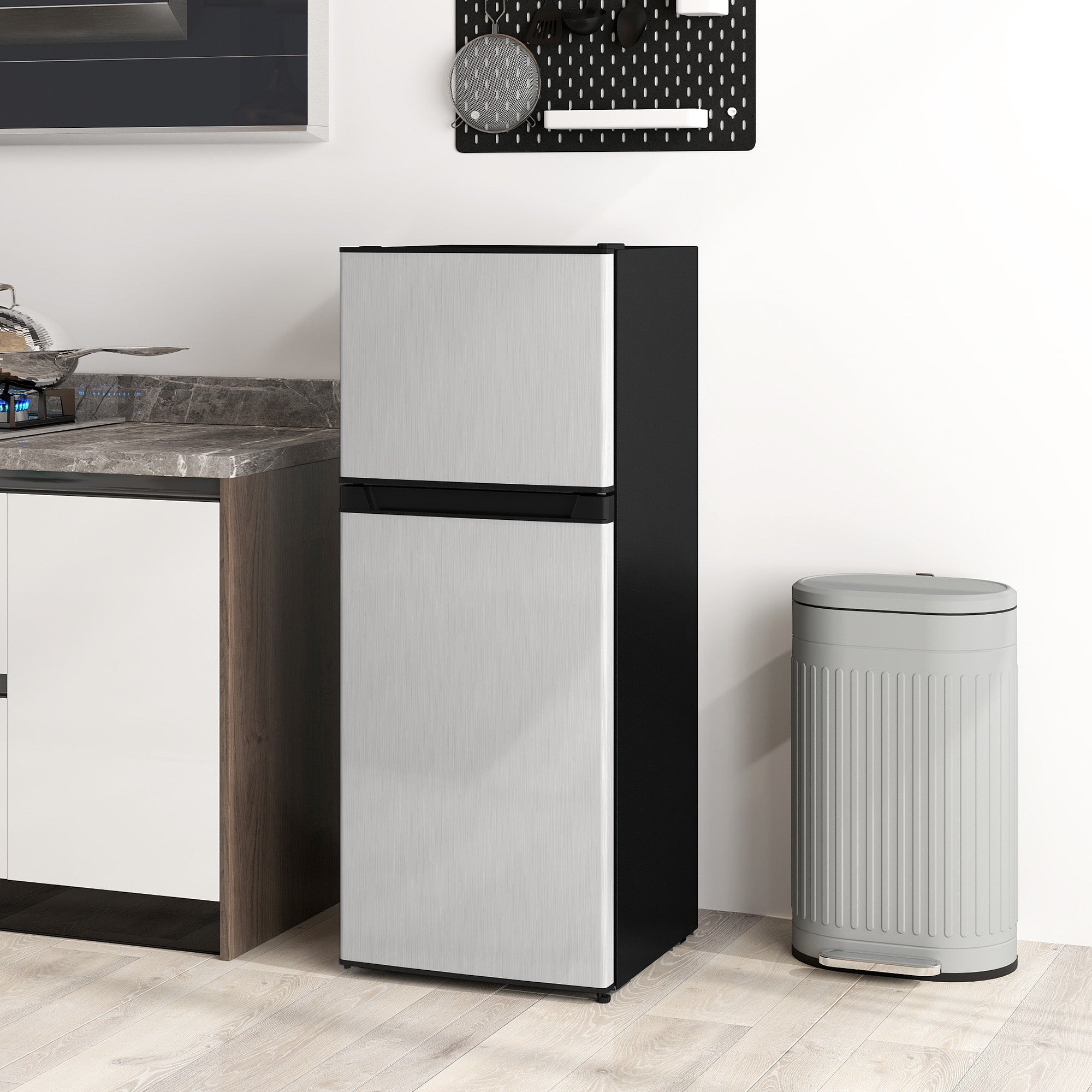 Small Fridge with Freezer, 4 Cu. Ft. Compact Refrigerator with Adjustable Shelves, Mechanical Thermostat, Reversible Double Doors for Bedroom, Dorm, Kitchen, Silver