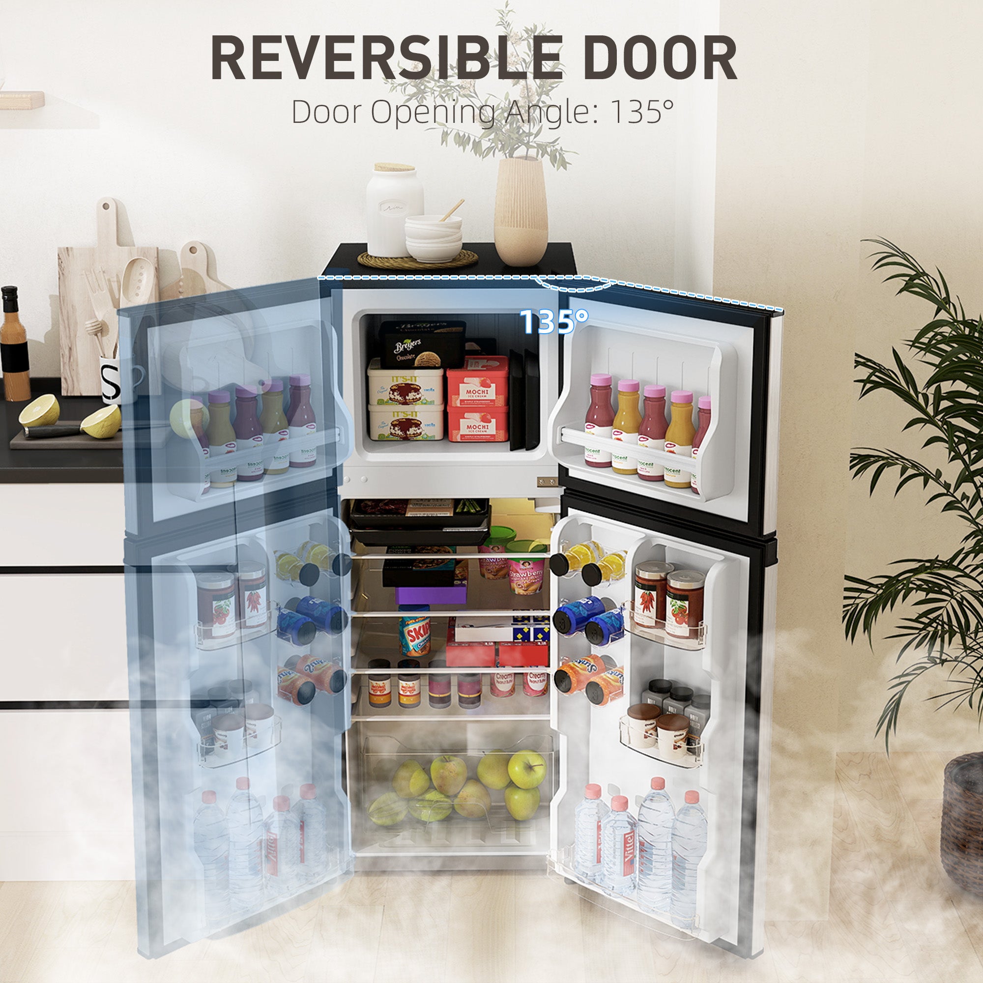 Small Fridge with Freezer, 4 Cu. Ft. Compact Refrigerator with Adjustable Shelves, Mechanical Thermostat, Reversible Double Doors for Bedroom, Dorm, Kitchen, Silver