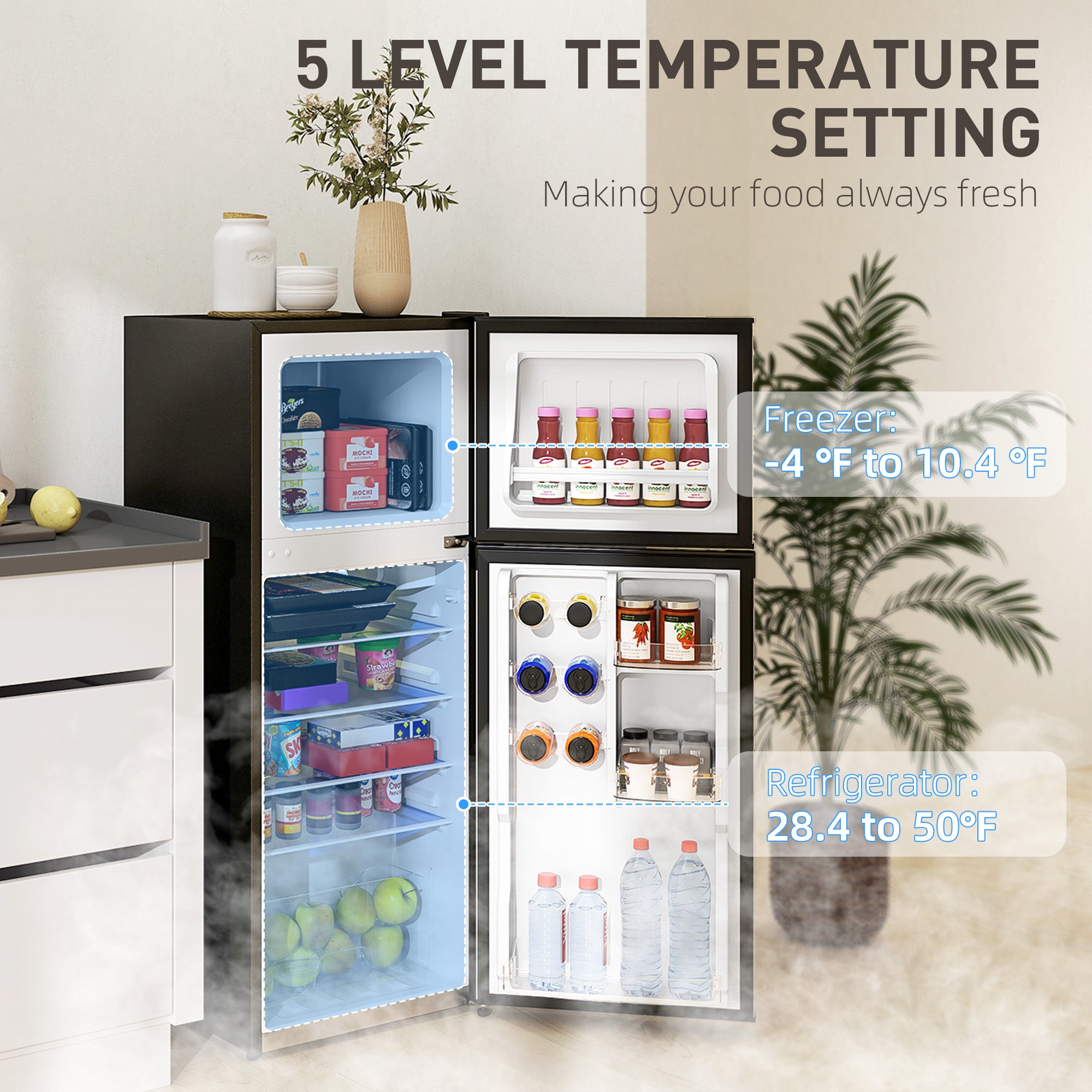 Small Fridge with Freezer, 4 Cu. Ft. Compact Refrigerator with Adjustable Shelves, Mechanical Thermostat, Reversible Double Doors for Bedroom, Dorm, Kitchen, Silver