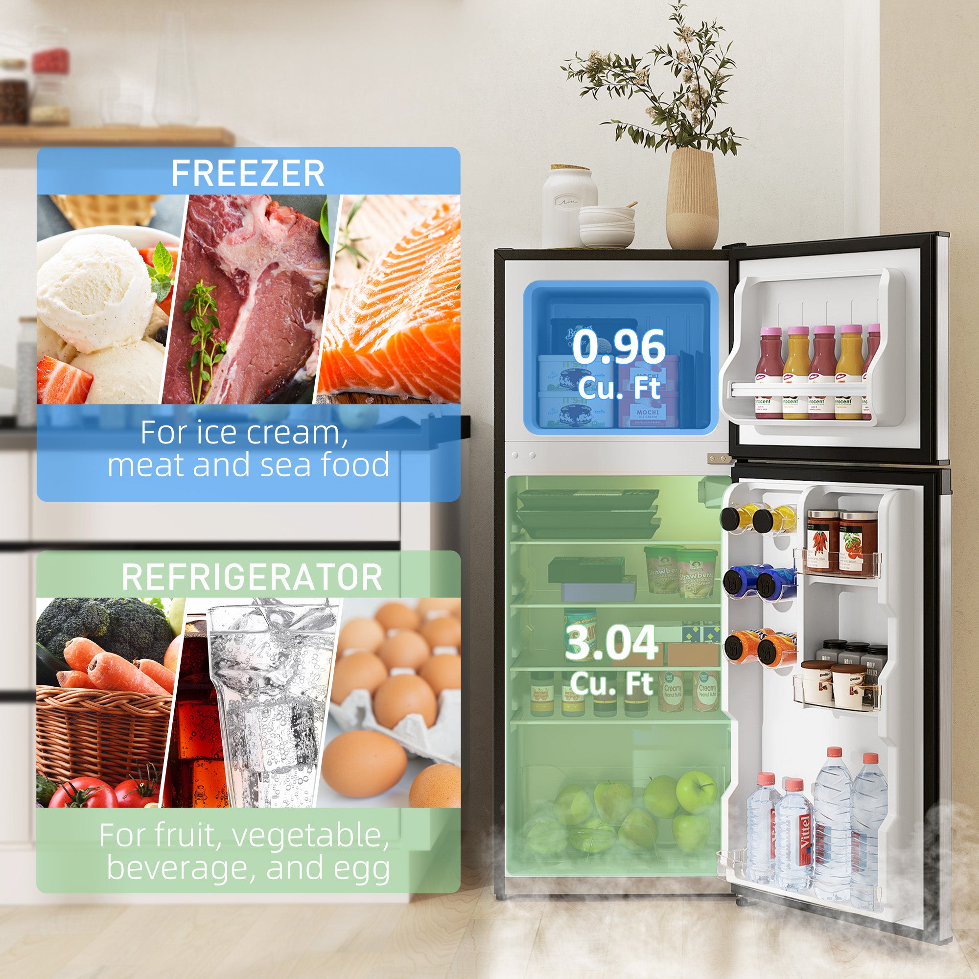 Small Fridge with Freezer, 4 Cu. Ft. Compact Refrigerator with Adjustable Shelves, Mechanical Thermostat, Reversible Double Doors for Bedroom, Dorm, Kitchen, Silver