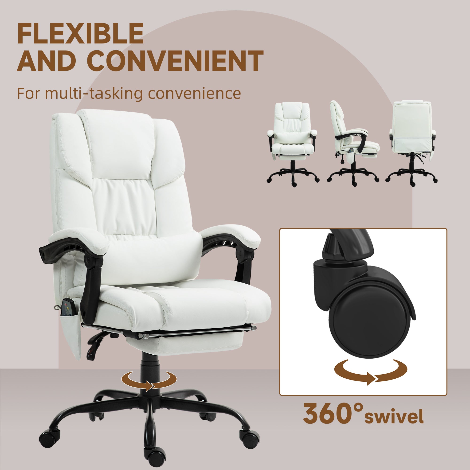 Vinsetto Massage Office Chair with 6 Point Vibration Massage, PU Leather Desk Chair with Lumbar Pillow Support, Adjustable Height and Footrest for Home Office, White