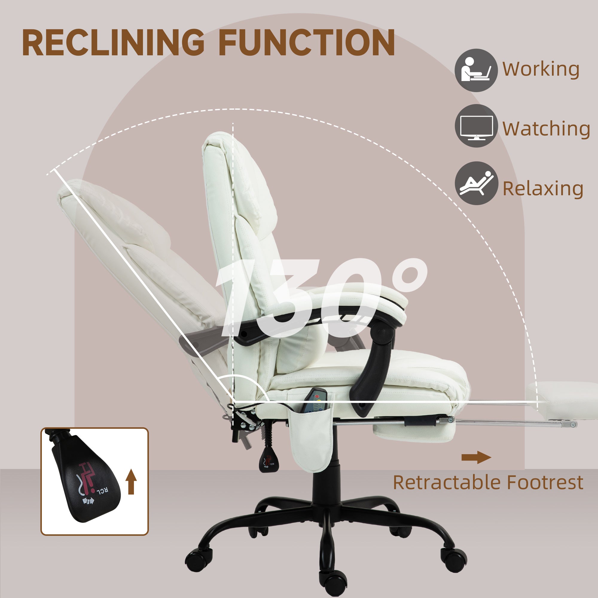 Vinsetto Massage Office Chair with 6 Point Vibration Massage, PU Leather Desk Chair with Lumbar Pillow Support, Adjustable Height and Footrest for Home Office, White