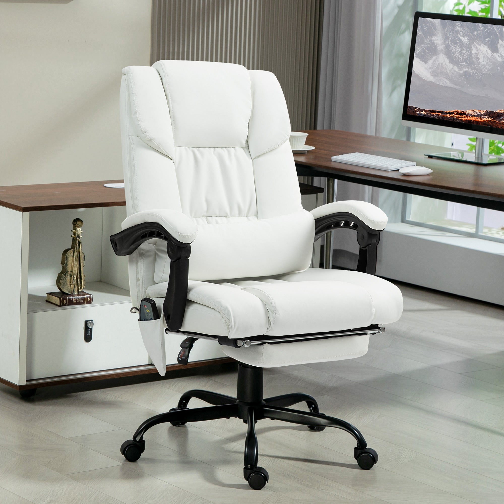 Vinsetto Massage Office Chair with 6 Point Vibration Massage, PU Leather Desk Chair with Lumbar Pillow Support, Adjustable Height and Footrest for Home Office, White