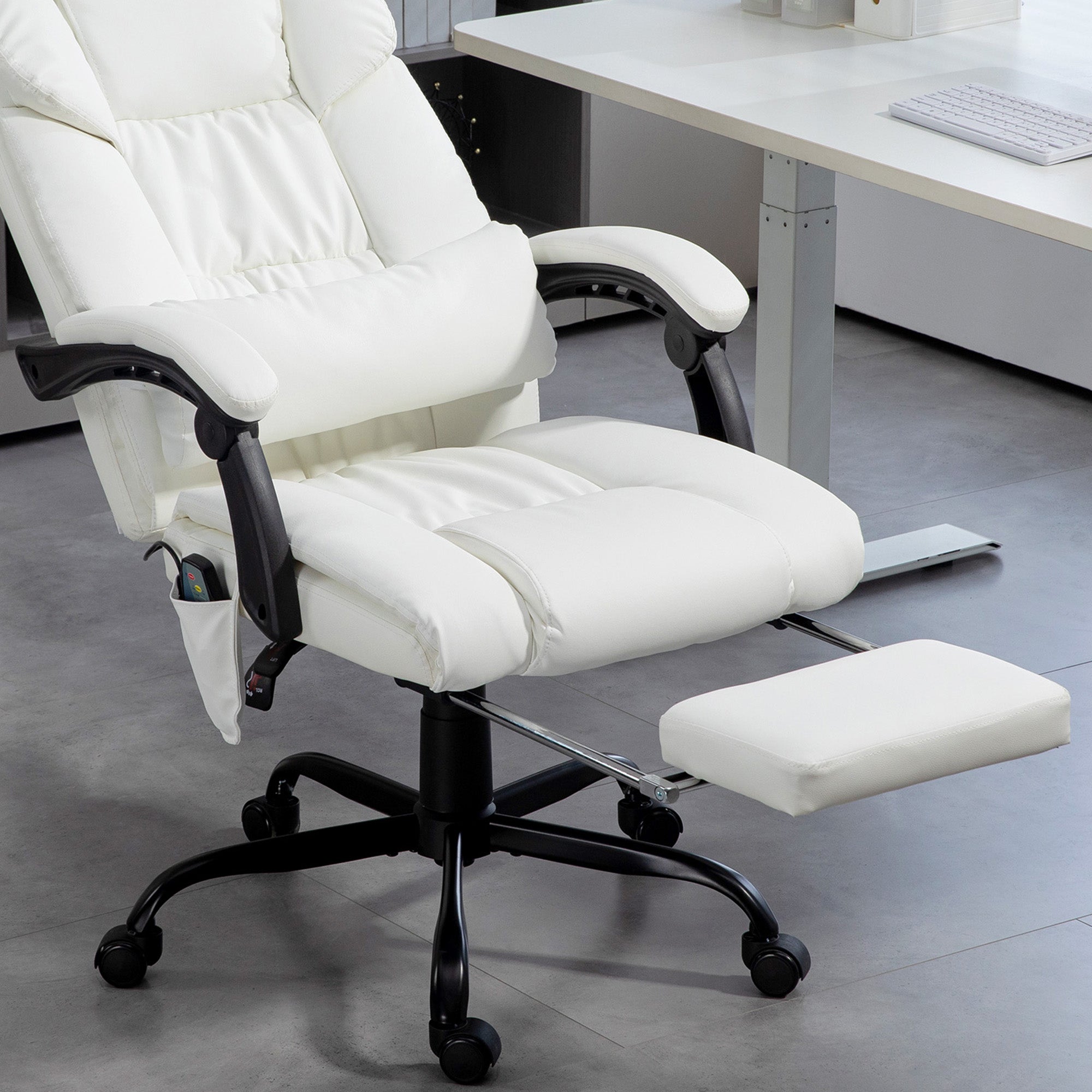 Vinsetto Massage Office Chair with 6 Point Vibration Massage, PU Leather Desk Chair with Lumbar Pillow Support, Adjustable Height and Footrest for Home Office, White
