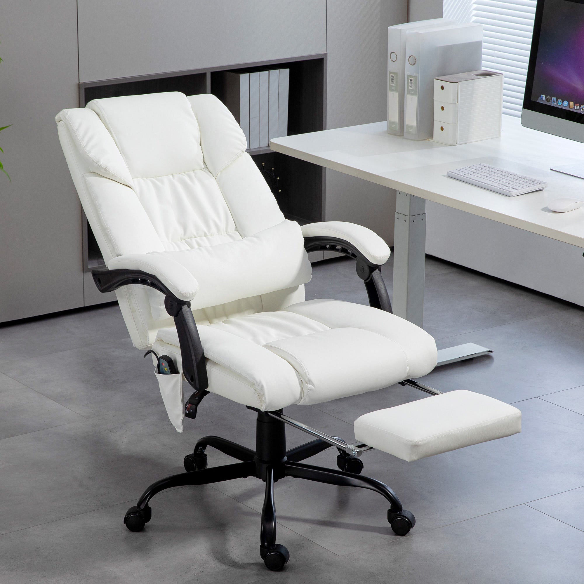 Vinsetto Massage Office Chair with 6 Point Vibration Massage, PU Leather Desk Chair with Lumbar Pillow Support, Adjustable Height and Footrest for Home Office, White