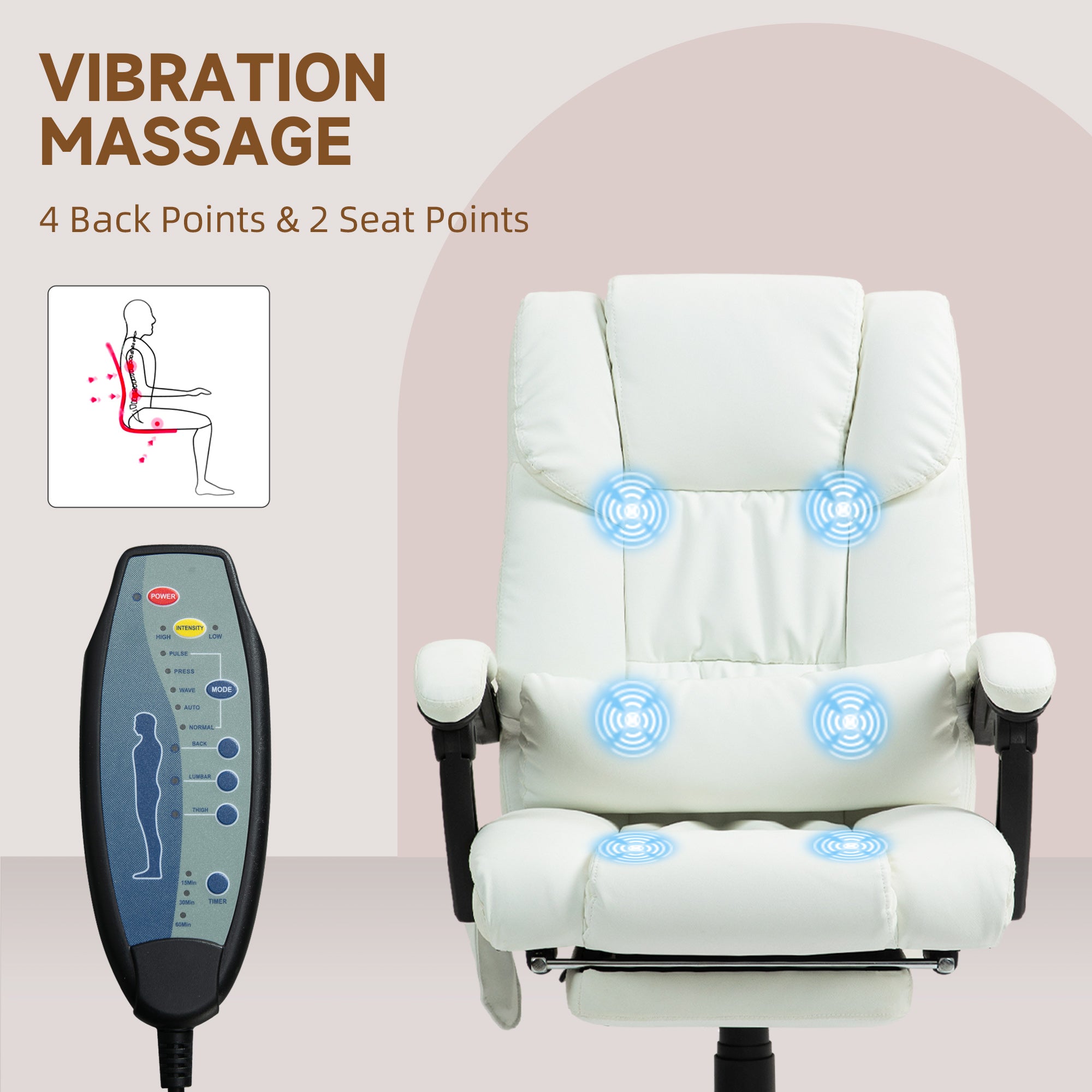 Vinsetto Massage Office Chair with 6 Point Vibration Massage, PU Leather Desk Chair with Lumbar Pillow Support, Adjustable Height and Footrest for Home Office, White