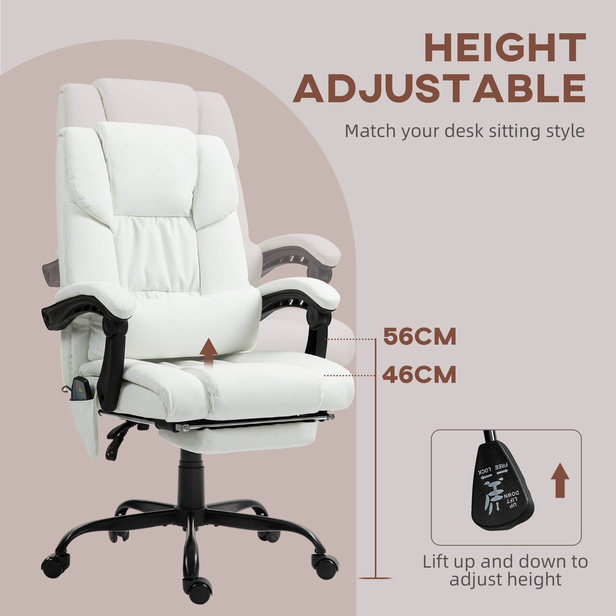 Vinsetto Massage Office Chair with 6 Point Vibration Massage, PU Leather Desk Chair with Lumbar Pillow Support, Adjustable Height and Footrest for Home Office, White