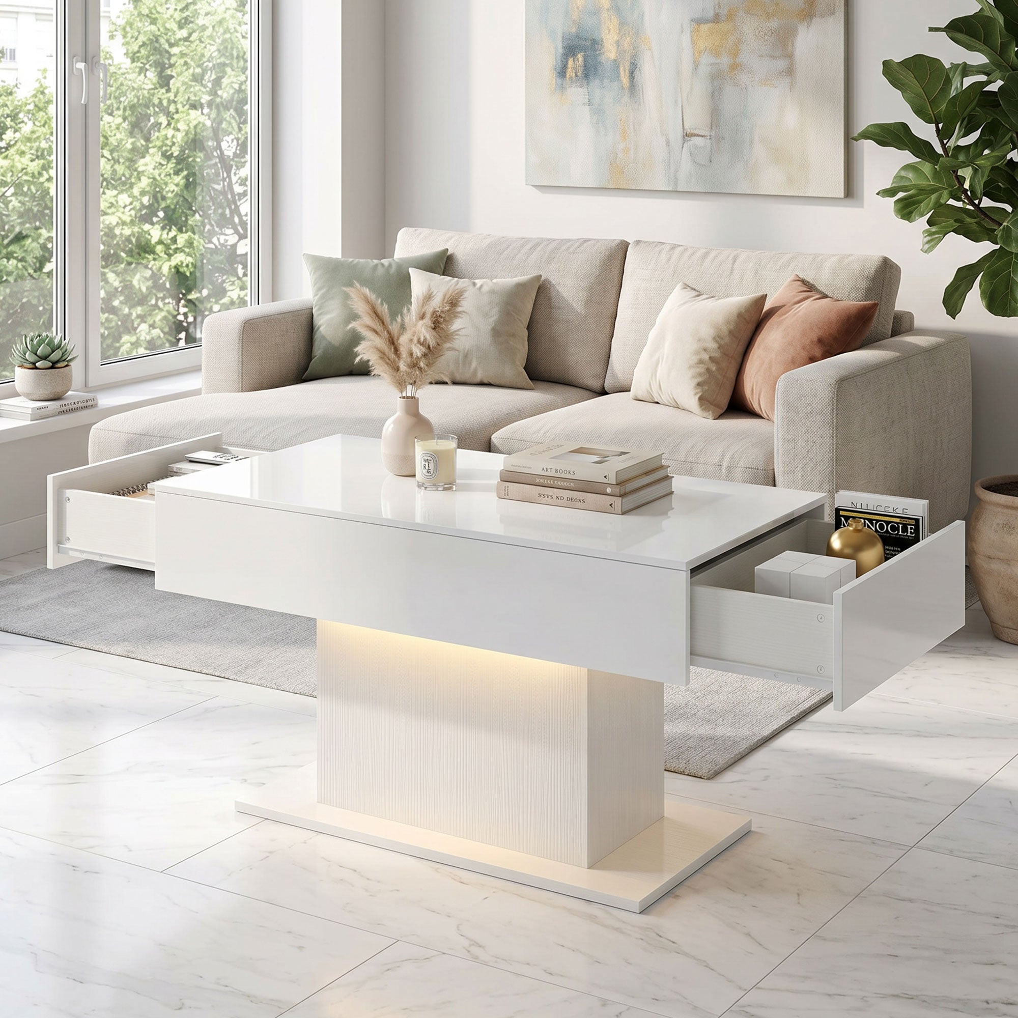 LED Coffee Table with Storage, High Gloss Modern Center Table with 2 Drawers and Remote Control for Living Room, White