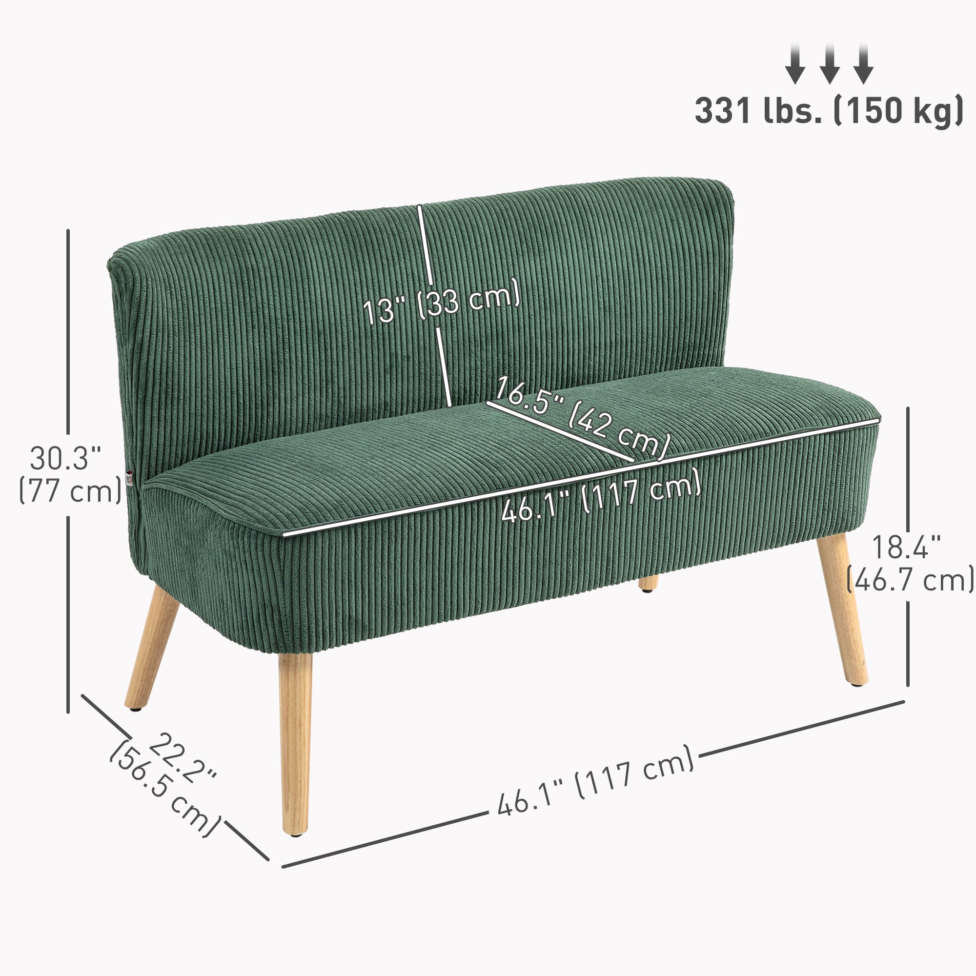 46" Loveseat Sofa, Corduroy Fabric 2 Seater Sofa Couch with Thick Padded Seat and Rubber Wood Legs, Upholstered Small Couch for Living Room, Home Office, Green